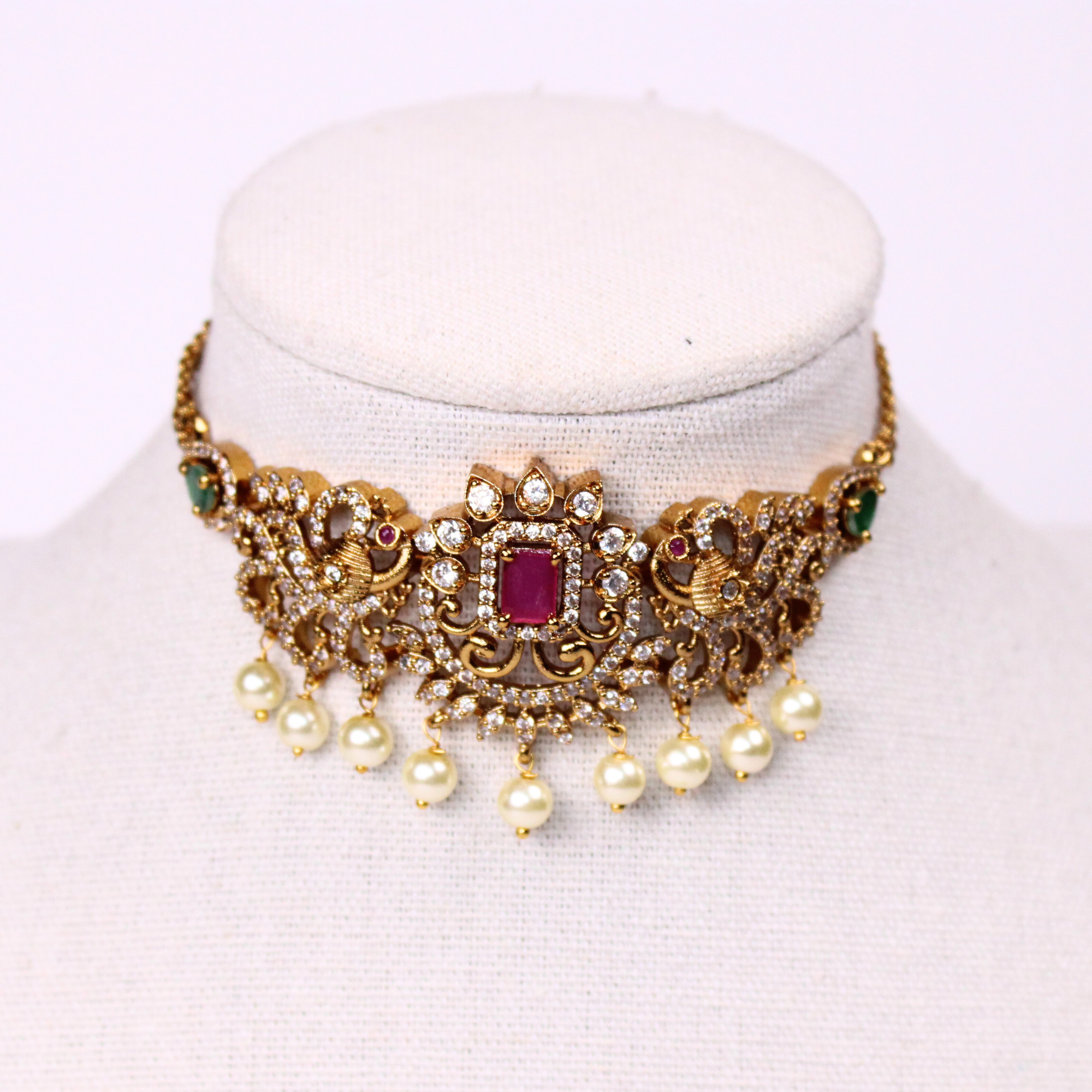 Intricate Floral & Peacock Kemp Choker Set with Earrings