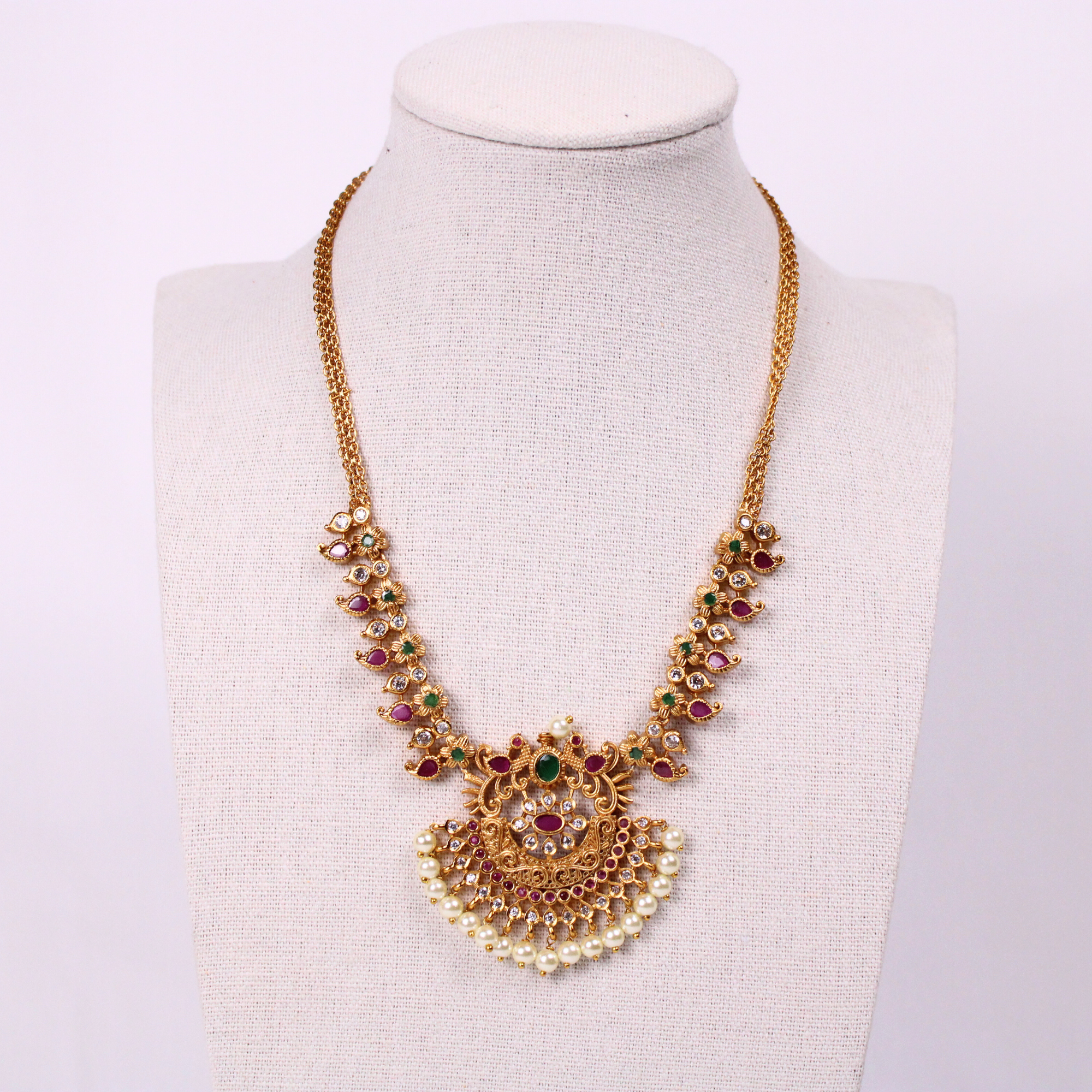 Floral Crescent Ruby-Green Necklace Set with Pearl Drop Earrings