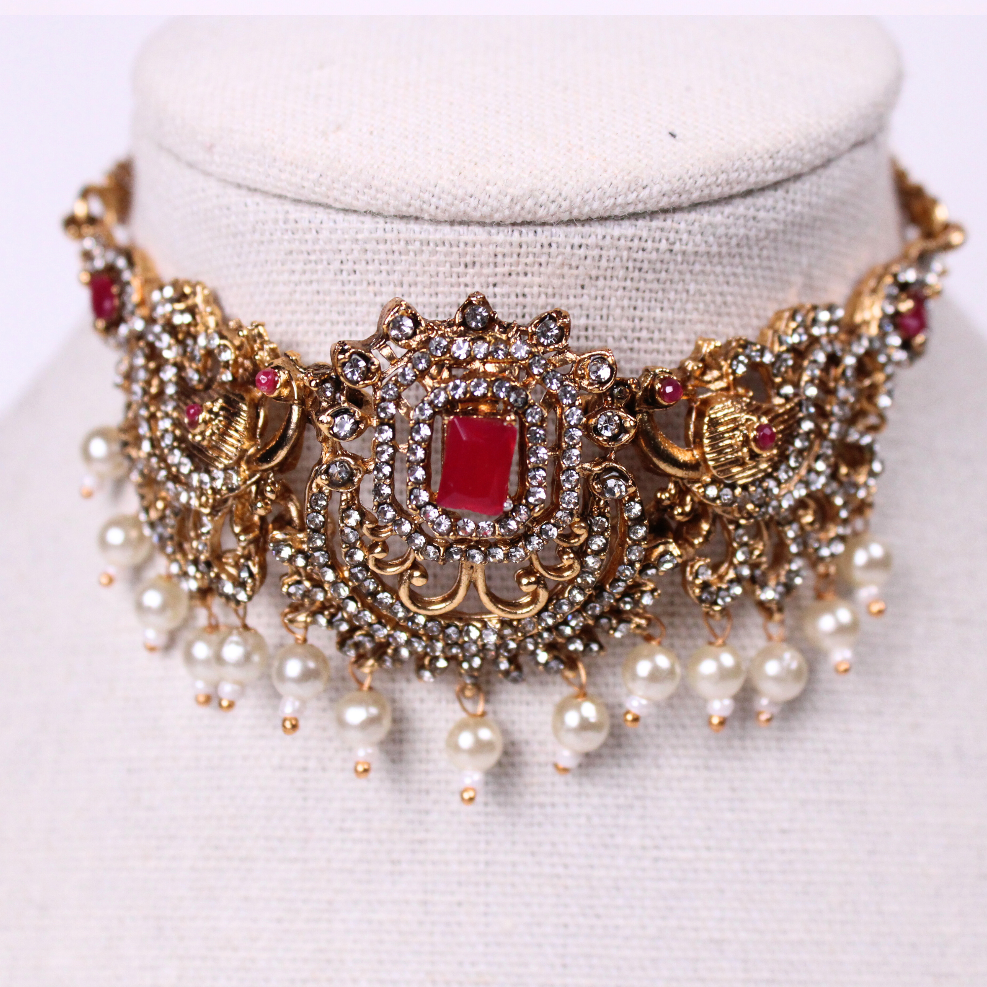 Ruby Lotus Temple Choker Set with Pearl Drop Earrings