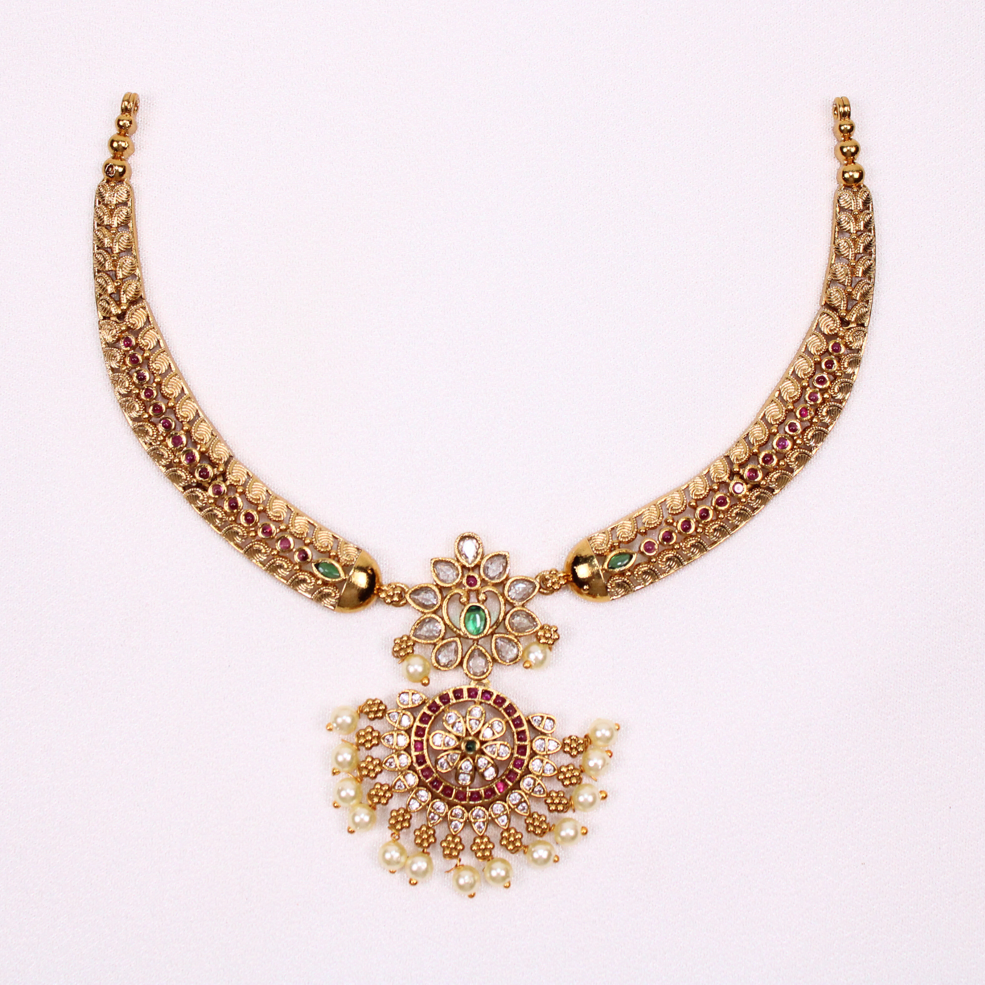 Ruby-Color & Pearl Temple Necklace Set with Earrings