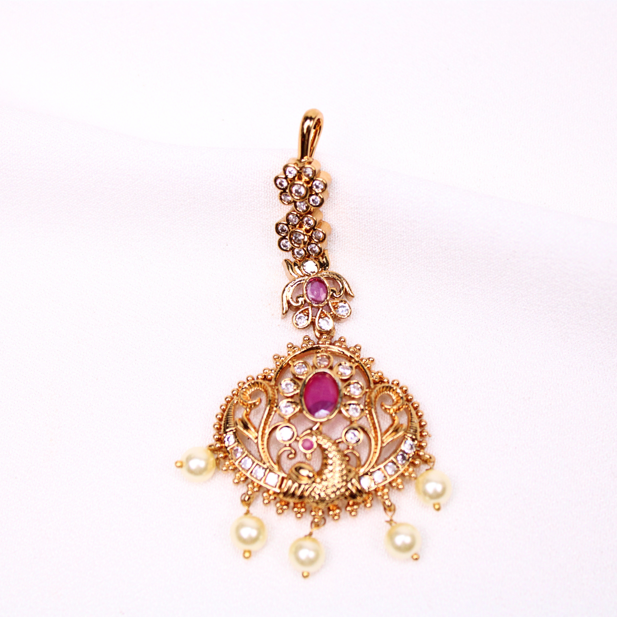 Peacock Netti sutti with Ruby-Color Center and Pearl Drops