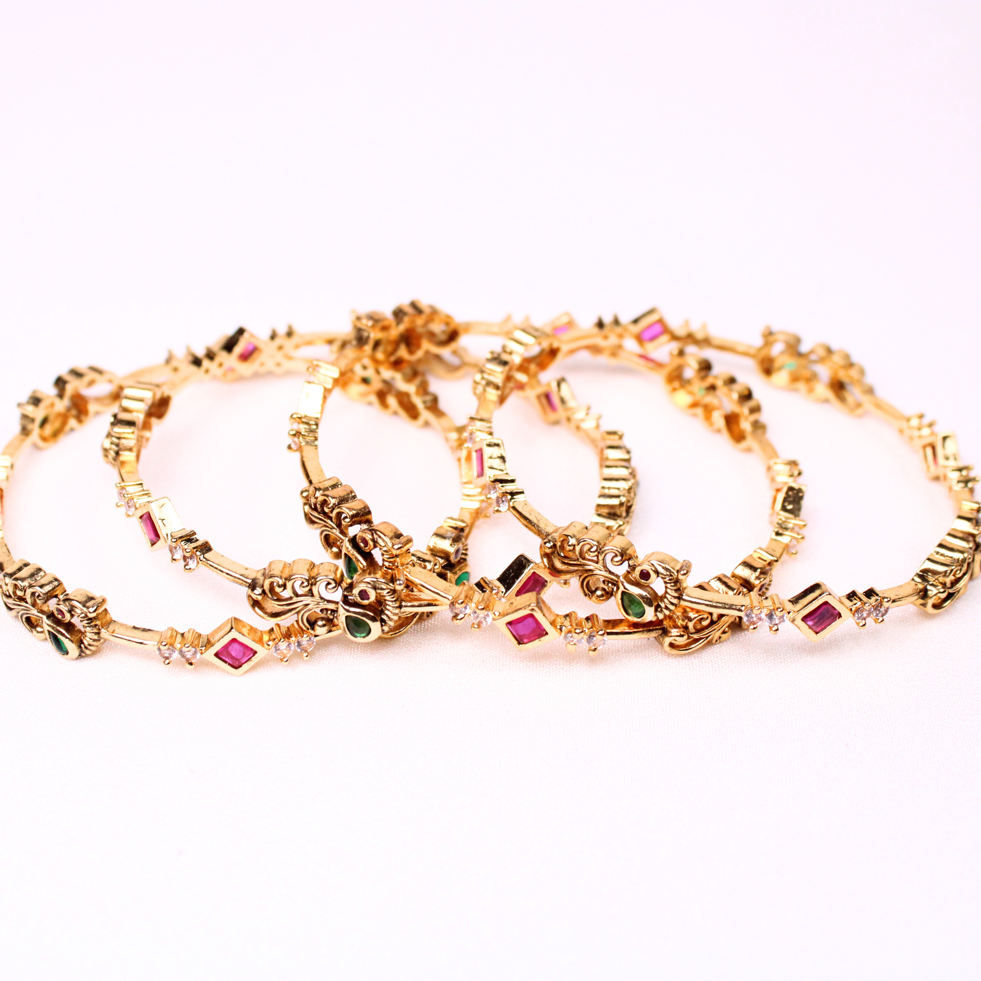 Floral Temple Bangles with Ruby-Color and Green Accents