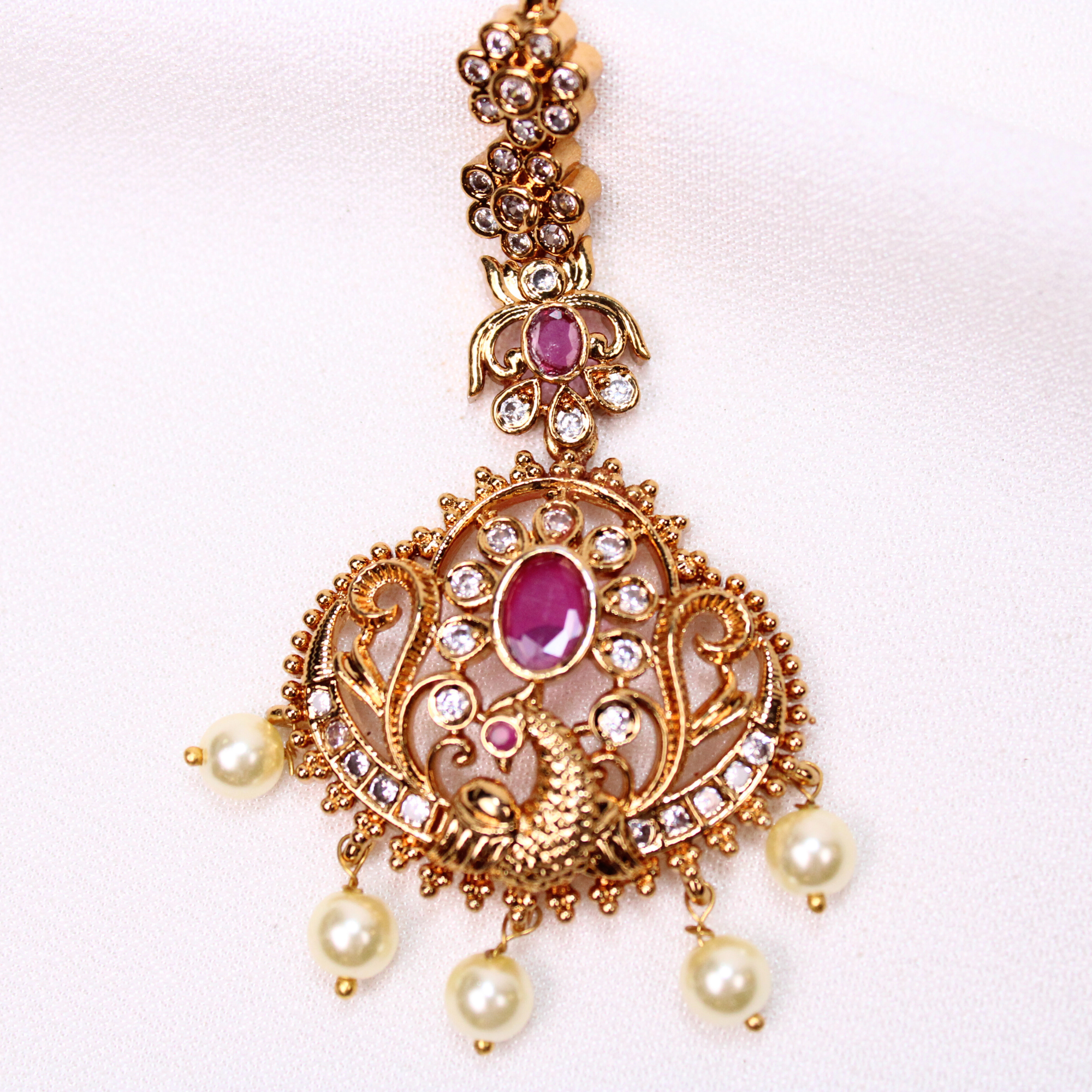 Peacock Netti sutti with Ruby-Color Center and Pearl Drops