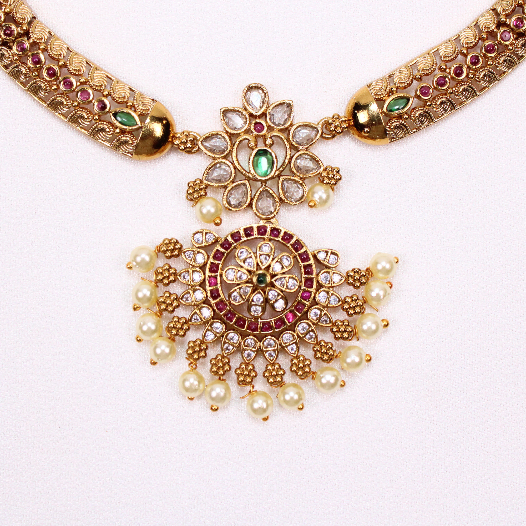 Ruby-Color & Pearl Temple Necklace Set with Earrings