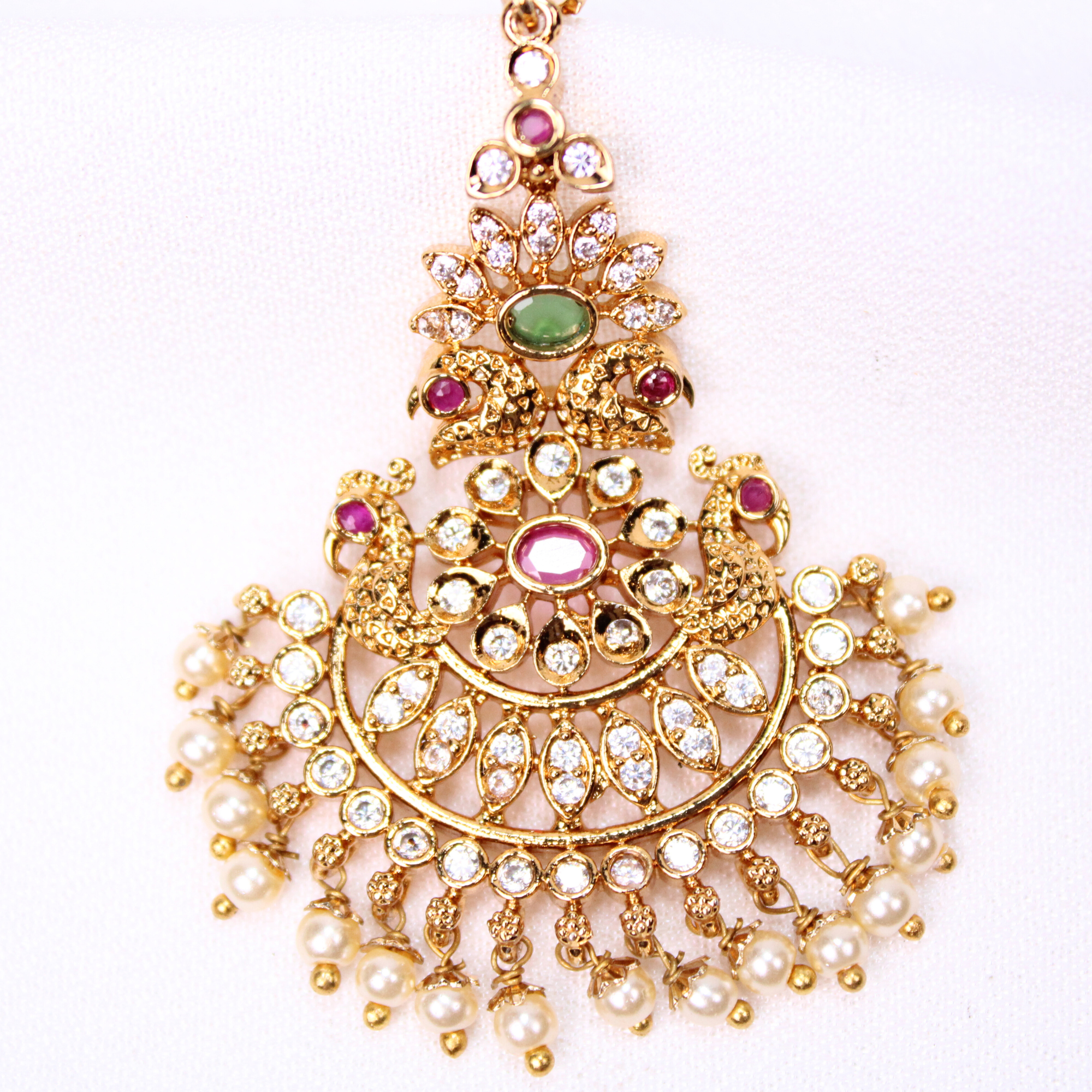 Peacock Netti sutti with Ruby-Color, Green, and Pearl Accents