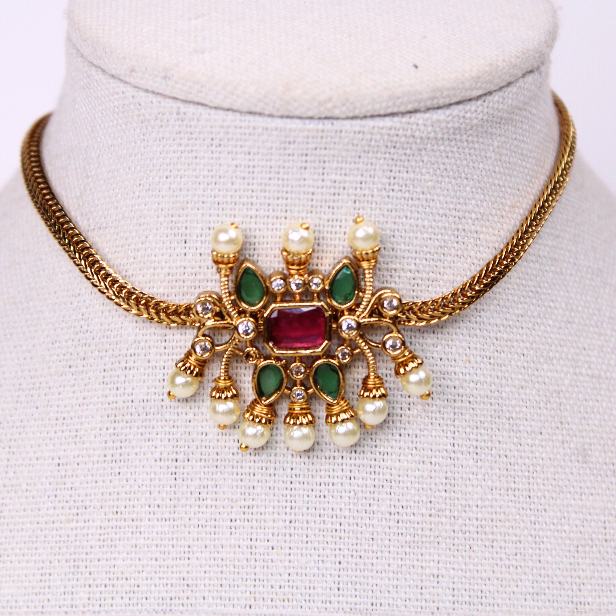 Red and Green Stone Guttapusalu Choker and Earrings Set
