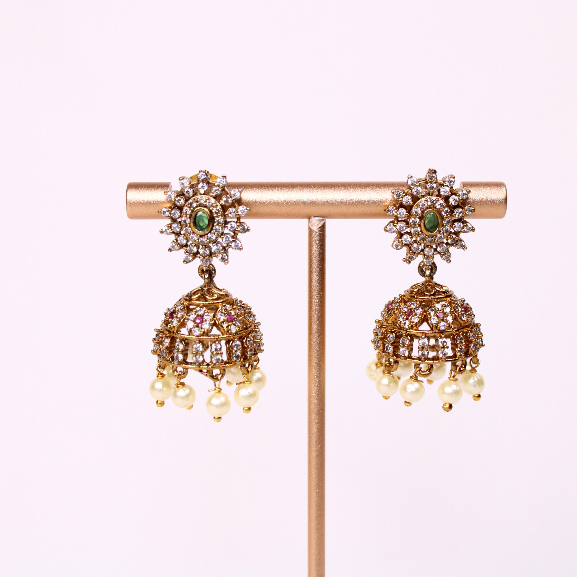 Twin Peacock Antique Gold Choker Set with CZ Earrings