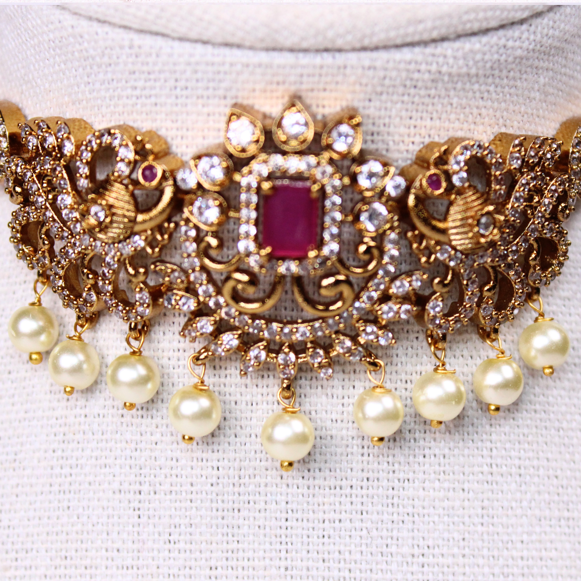 Intricate Floral & Peacock Kemp Choker Set with Earrings