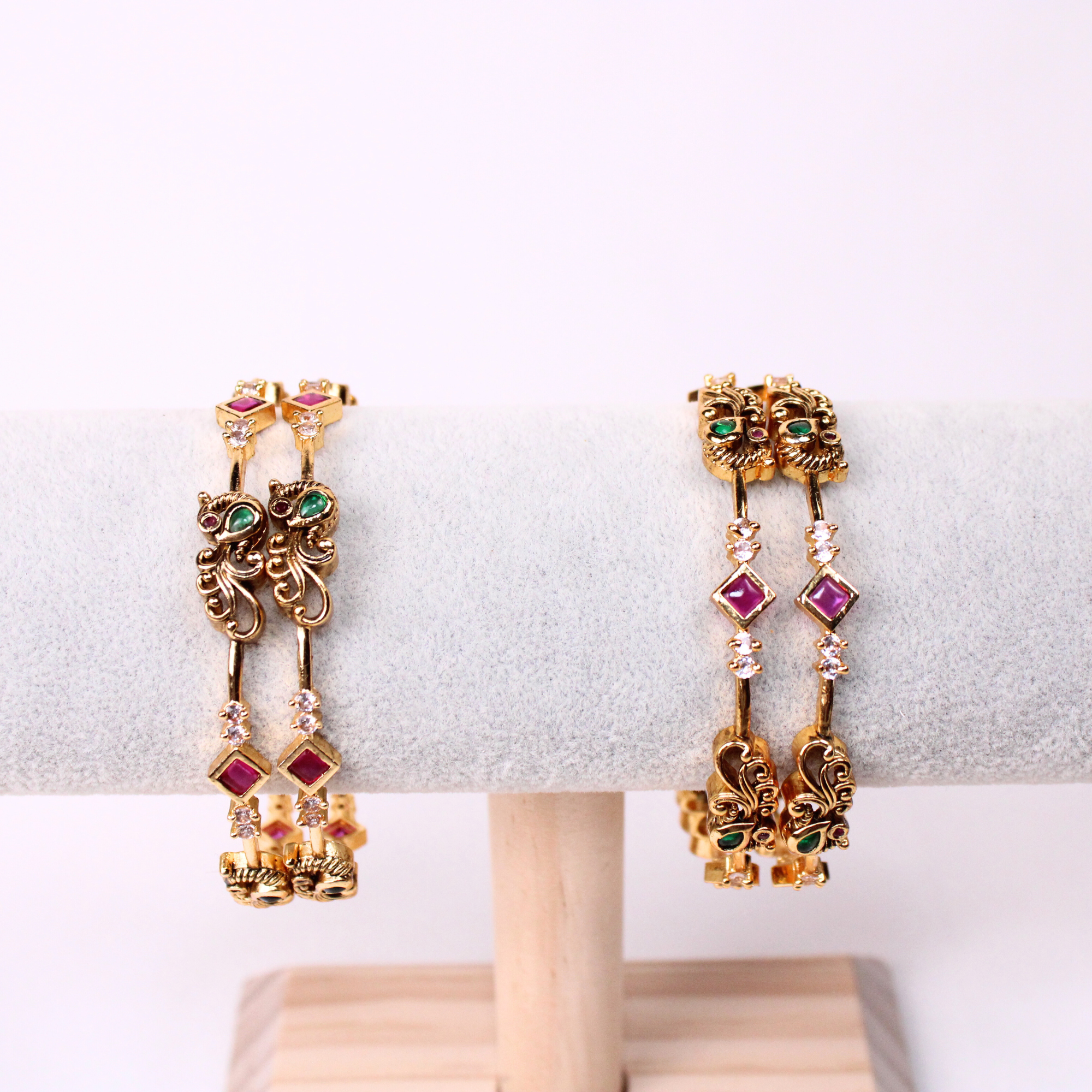 Floral Temple Bangles with Ruby-Color and Green Accents