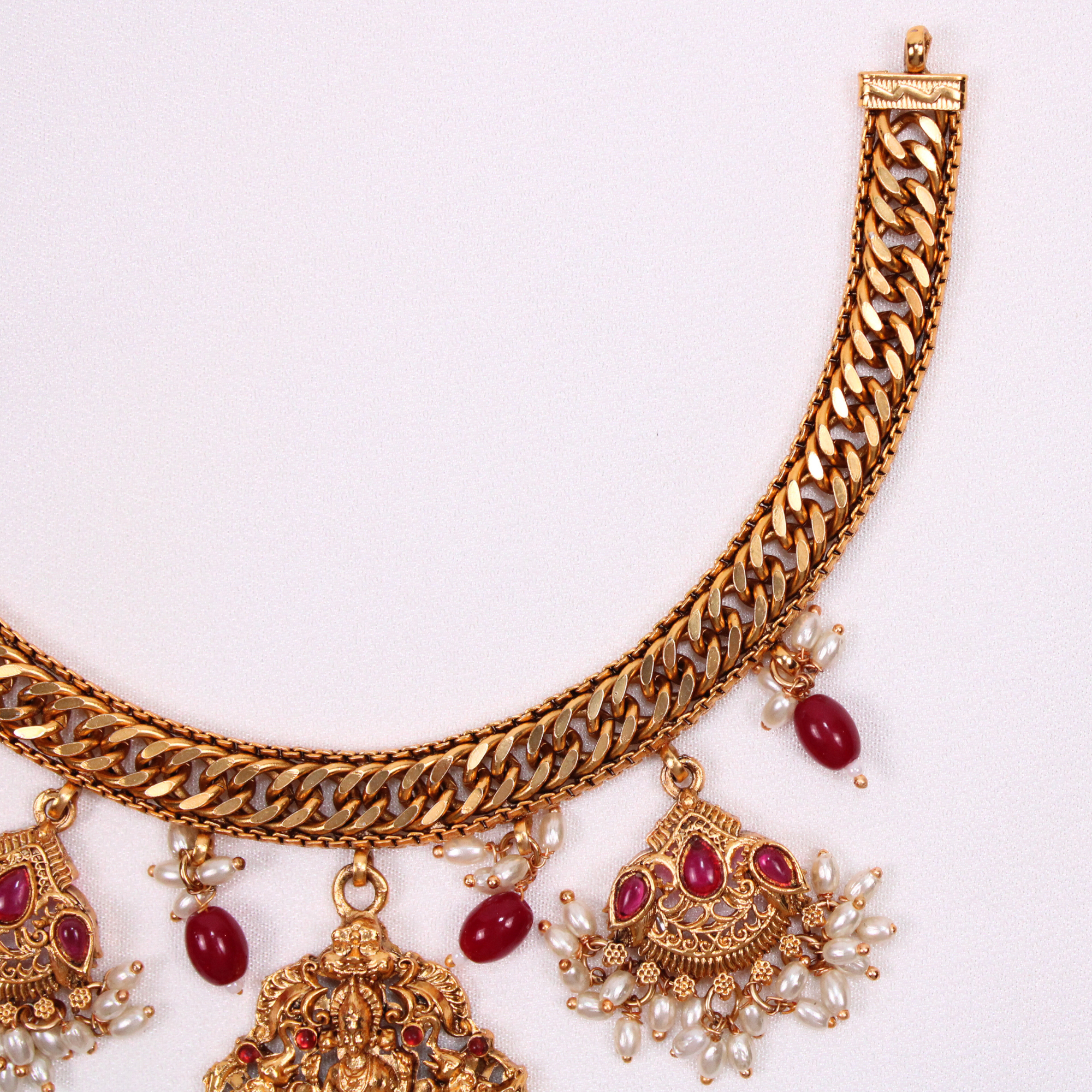 Lakshmi Temple Necklace Set with Ruby-Color Accents and Earrings