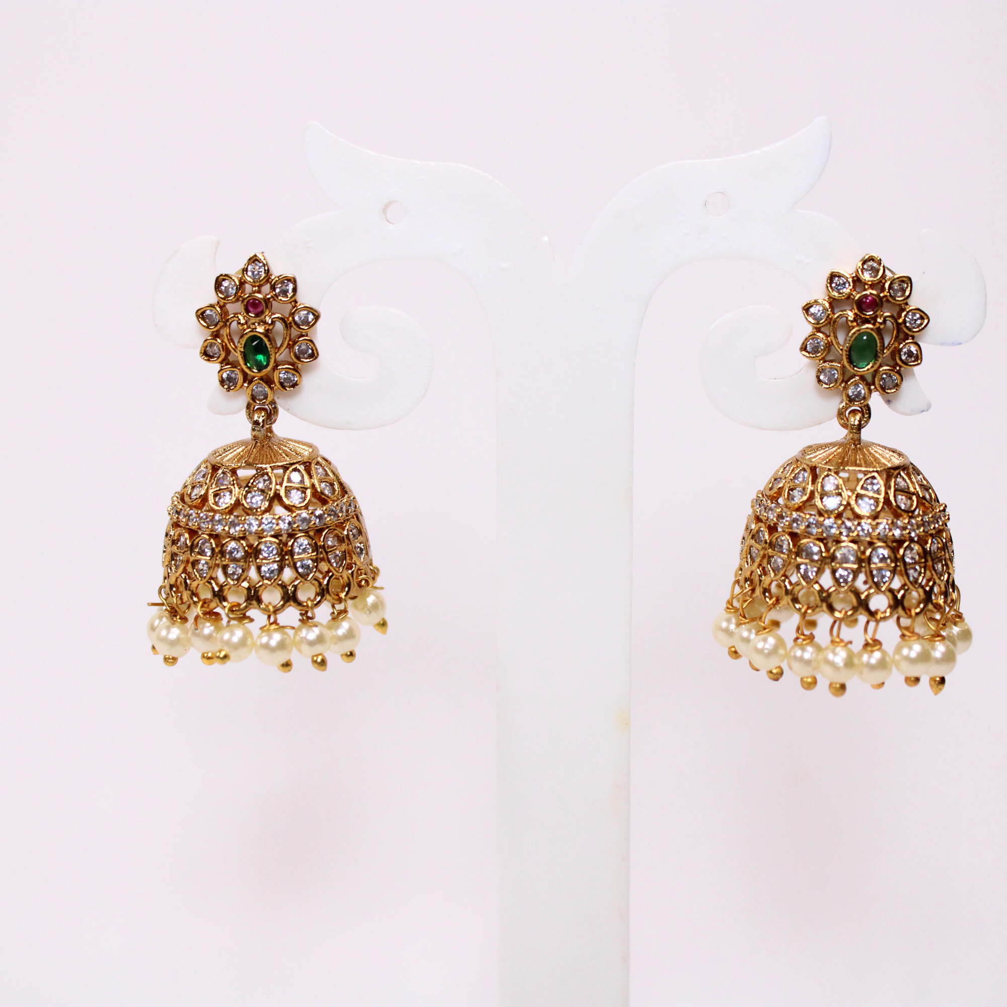 Ruby-Color & Pearl Temple Necklace Set with Earrings