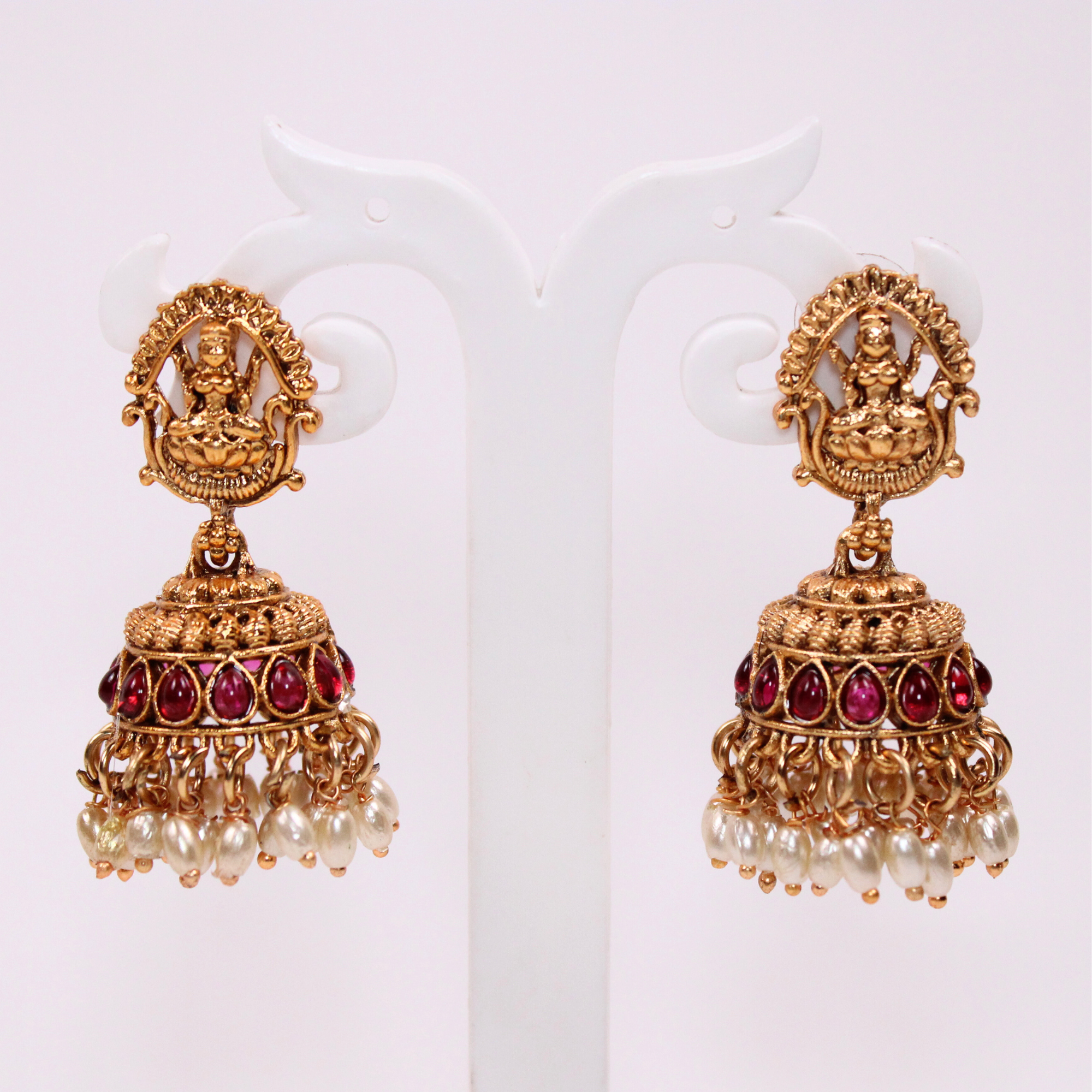 Lakshmi Temple Necklace Set with Ruby-Color Accents and Earrings