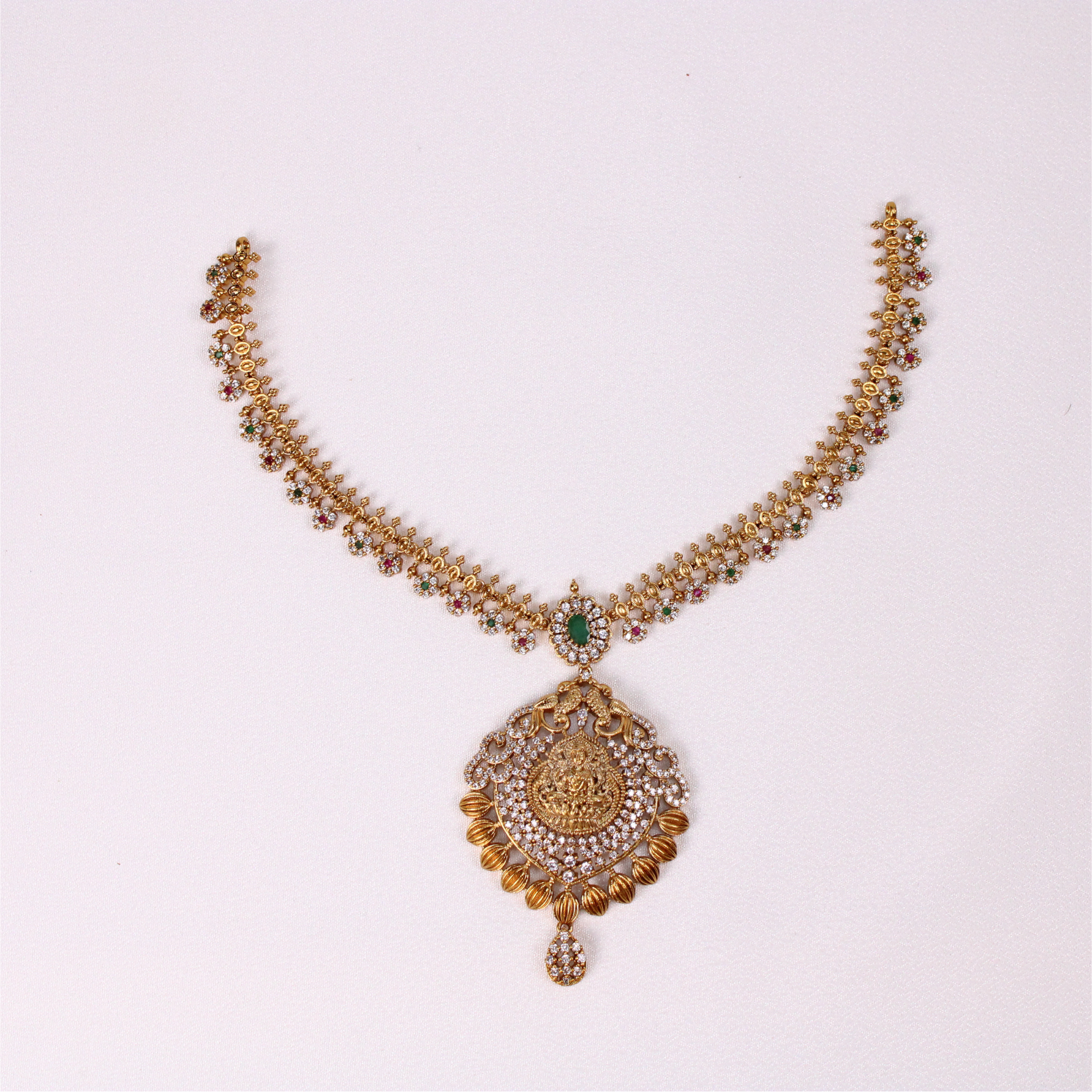 Lakshmi Temple Necklace Set with Green and Red Accents and Earrings