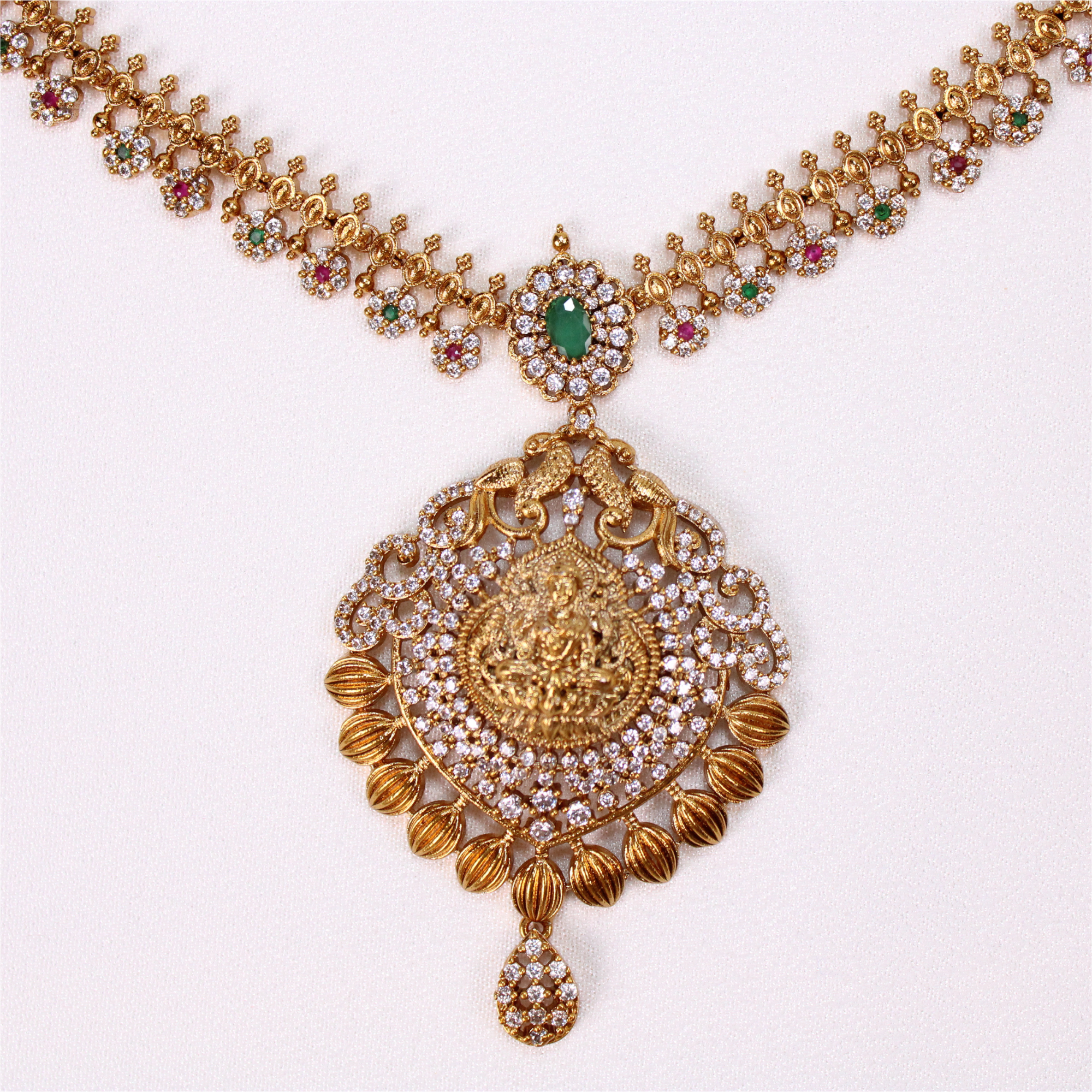 Lakshmi Temple Necklace Set with Green and Red Accents and Earrings