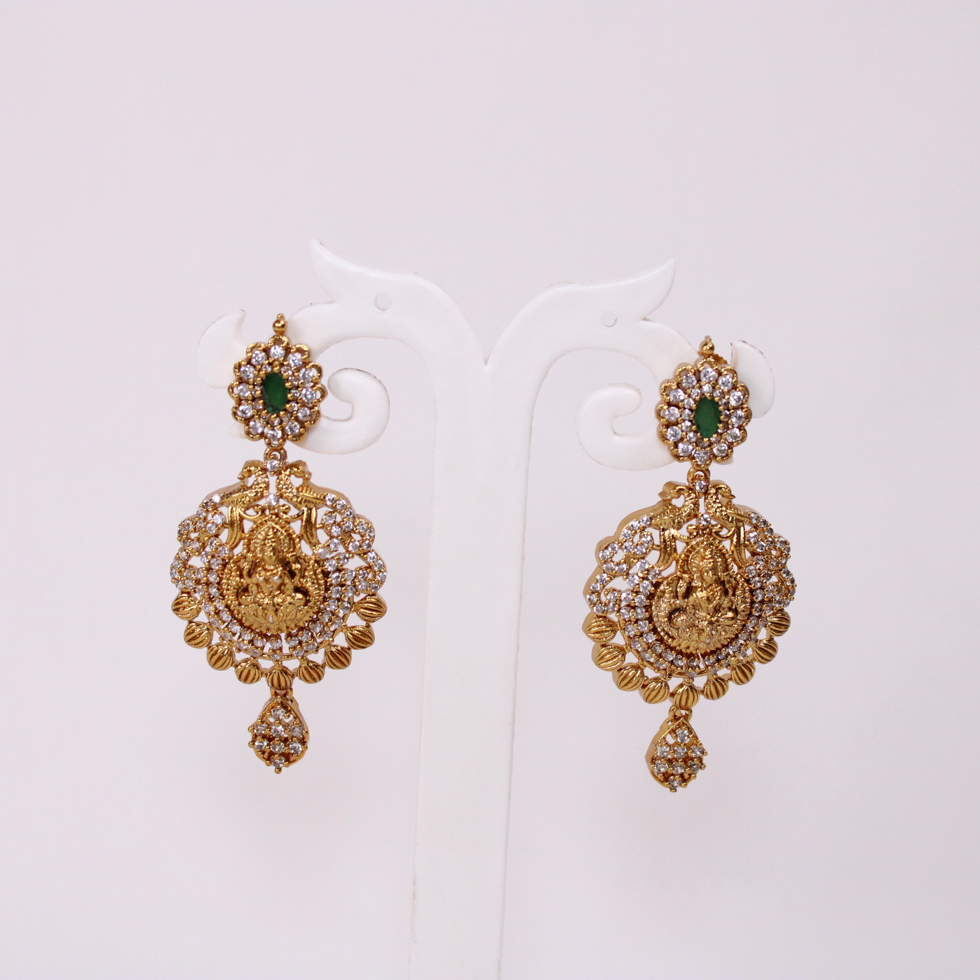 Lakshmi Temple Necklace Set with Green and Red Accents and Earrings