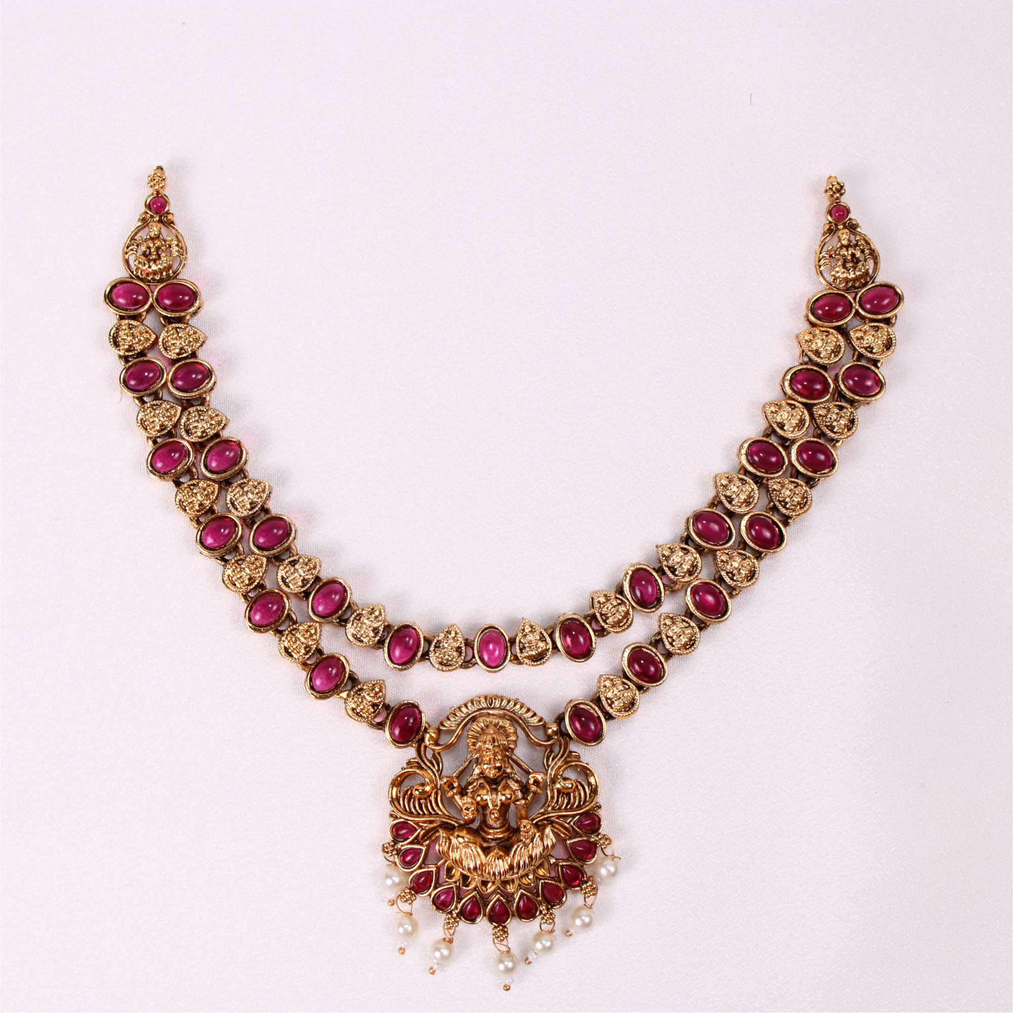 Lakshmi Red Stone Temple Necklace Set with Earrings