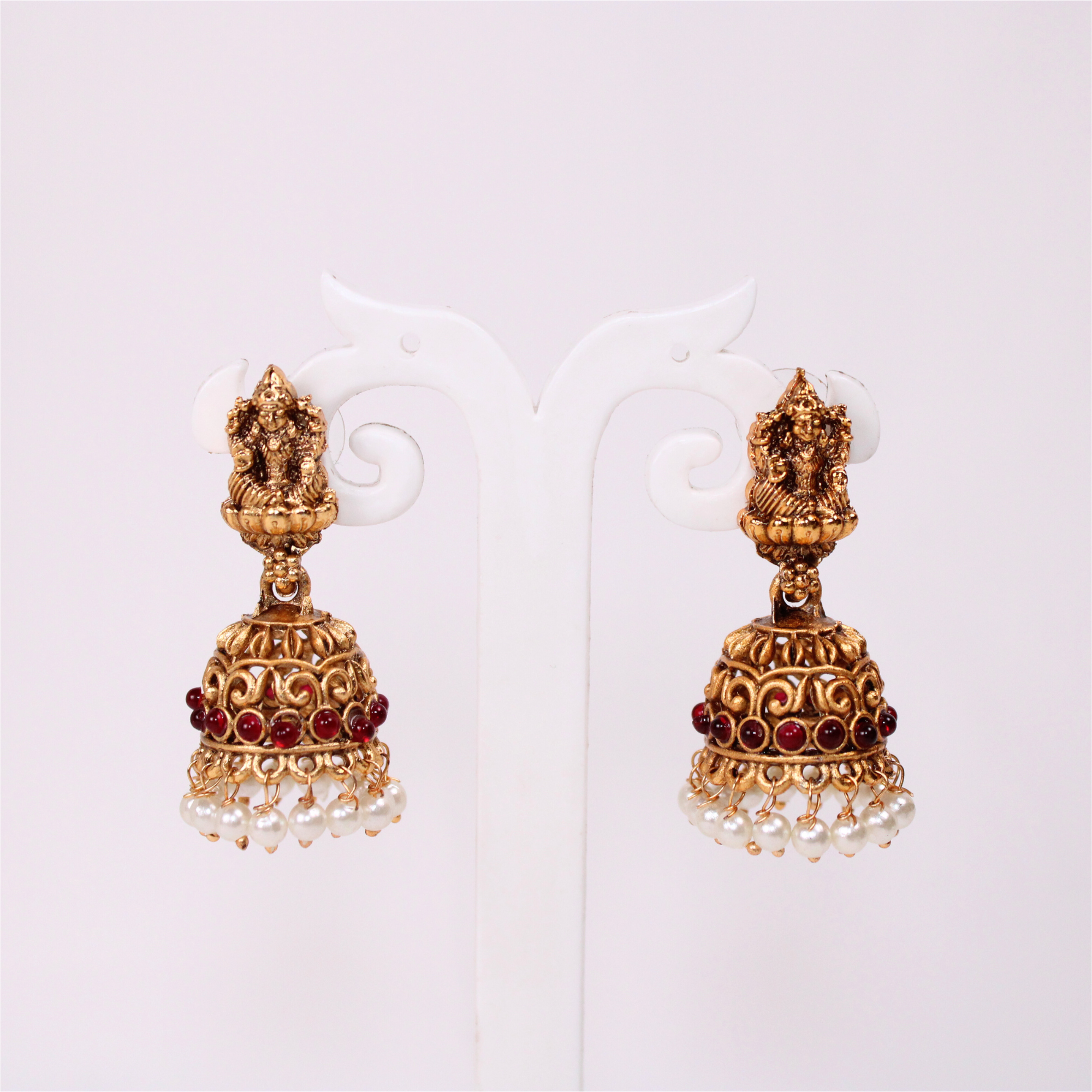 Lakshmi Red Stone Temple Necklace Set with Earrings