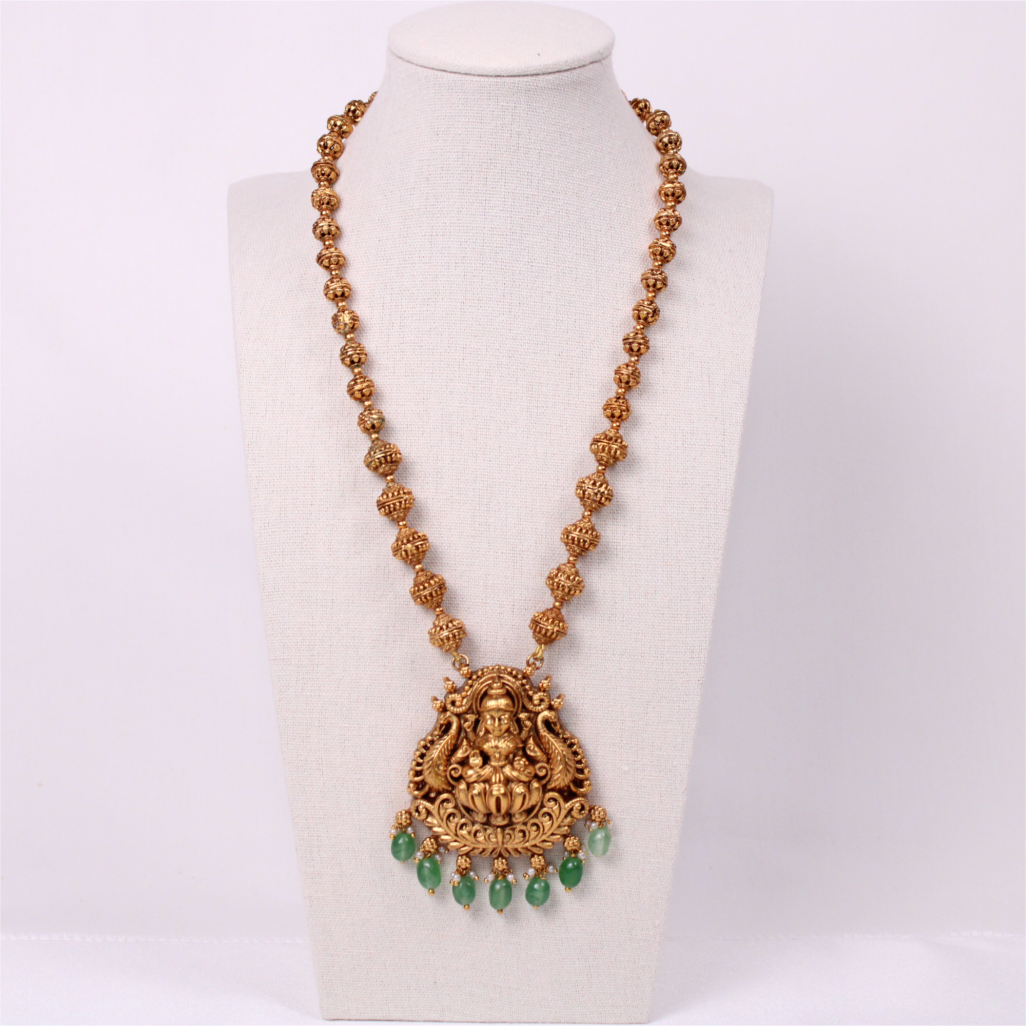 Lakshmi Antique Long Aram Set with Green Bead Drop Earrings
