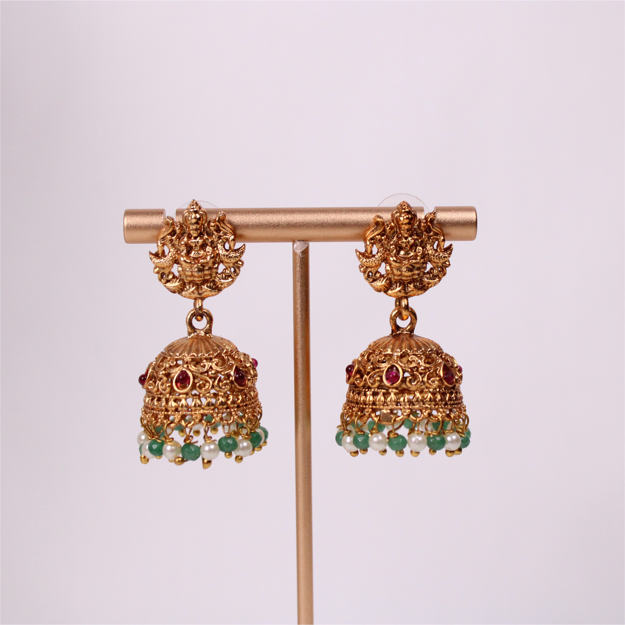 Lakshmi Antique Long Aram Set with Green Bead Drop Earrings