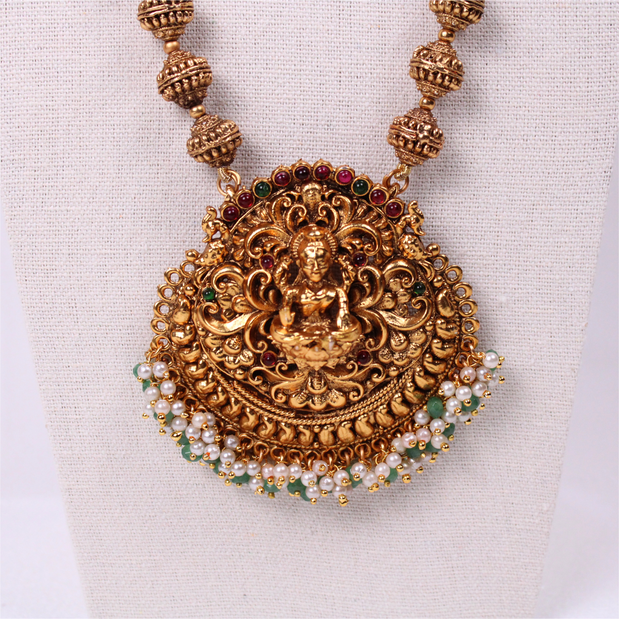Lakshmi Temple Coin Aram Set with Green & Pearl Detailing and Earrings
