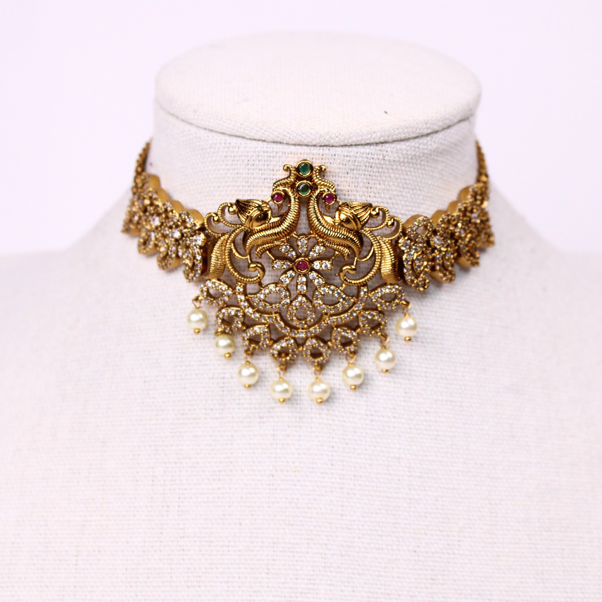 Twin Peacock Antique Gold Choker Set with CZ Earrings