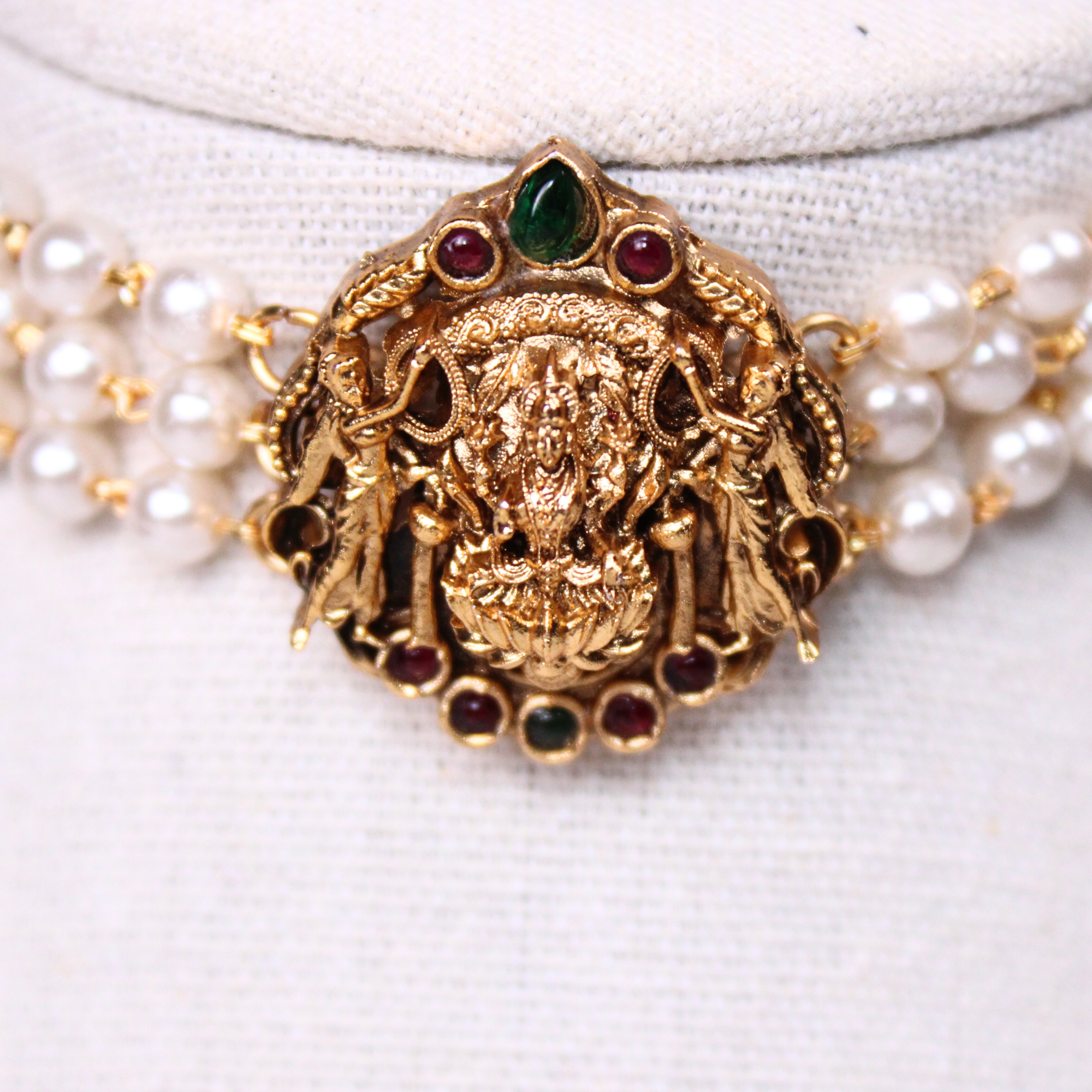 Lakshmi Heritage Triple-Row Pearl Choker Set with Earrings