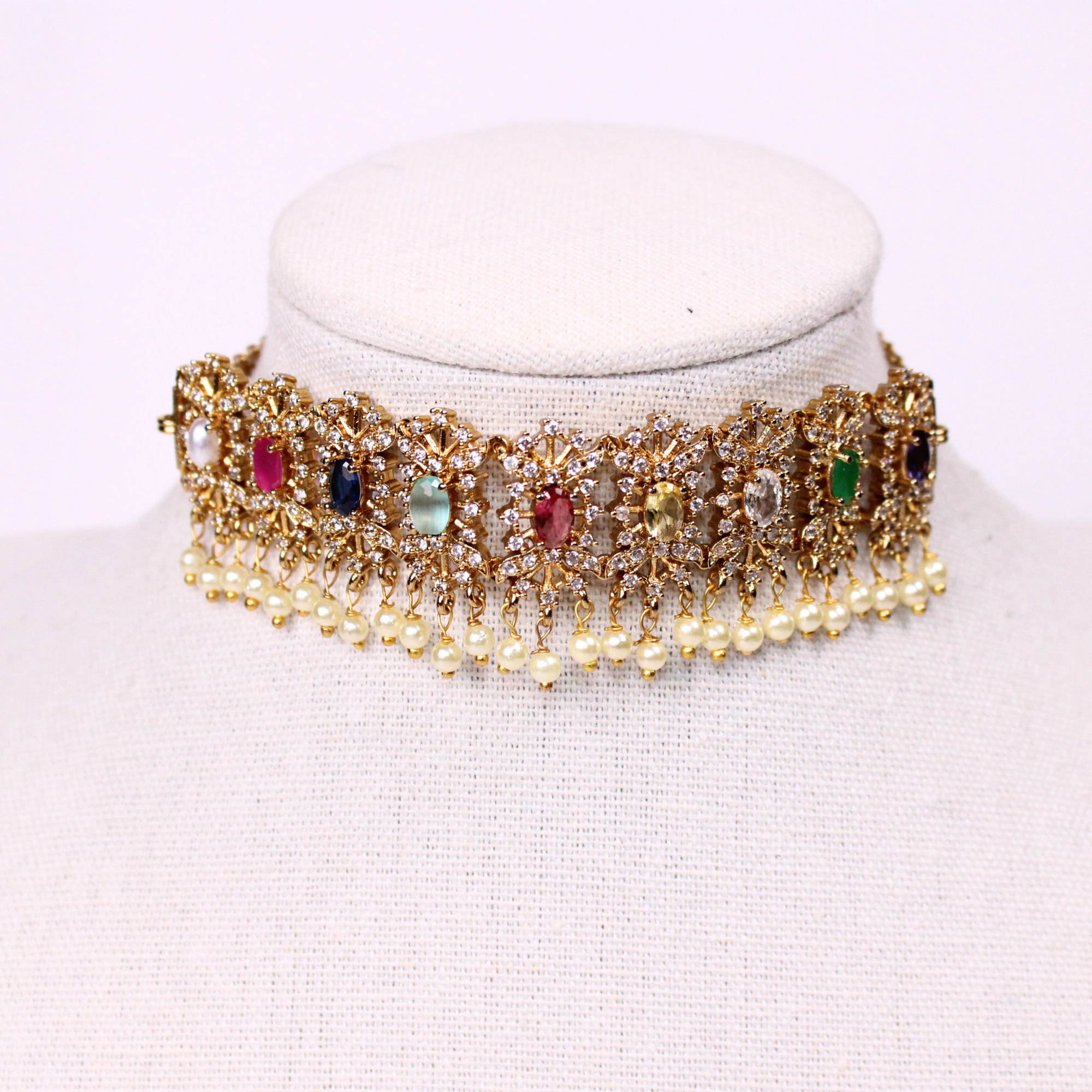 Navaratna Regal Harmony Choker Set with Ruby Drop Earrings