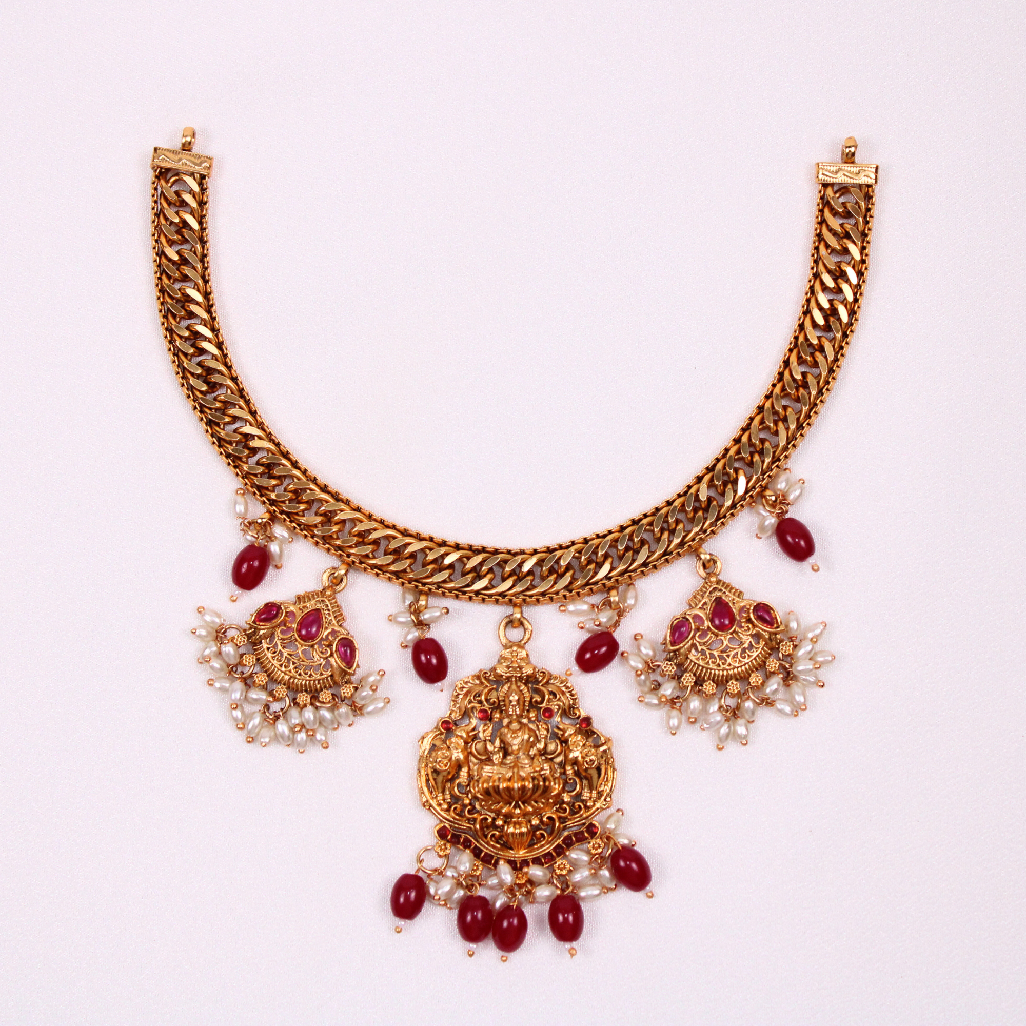 Lakshmi Temple Necklace Set with Ruby-Color Accents and Earrings