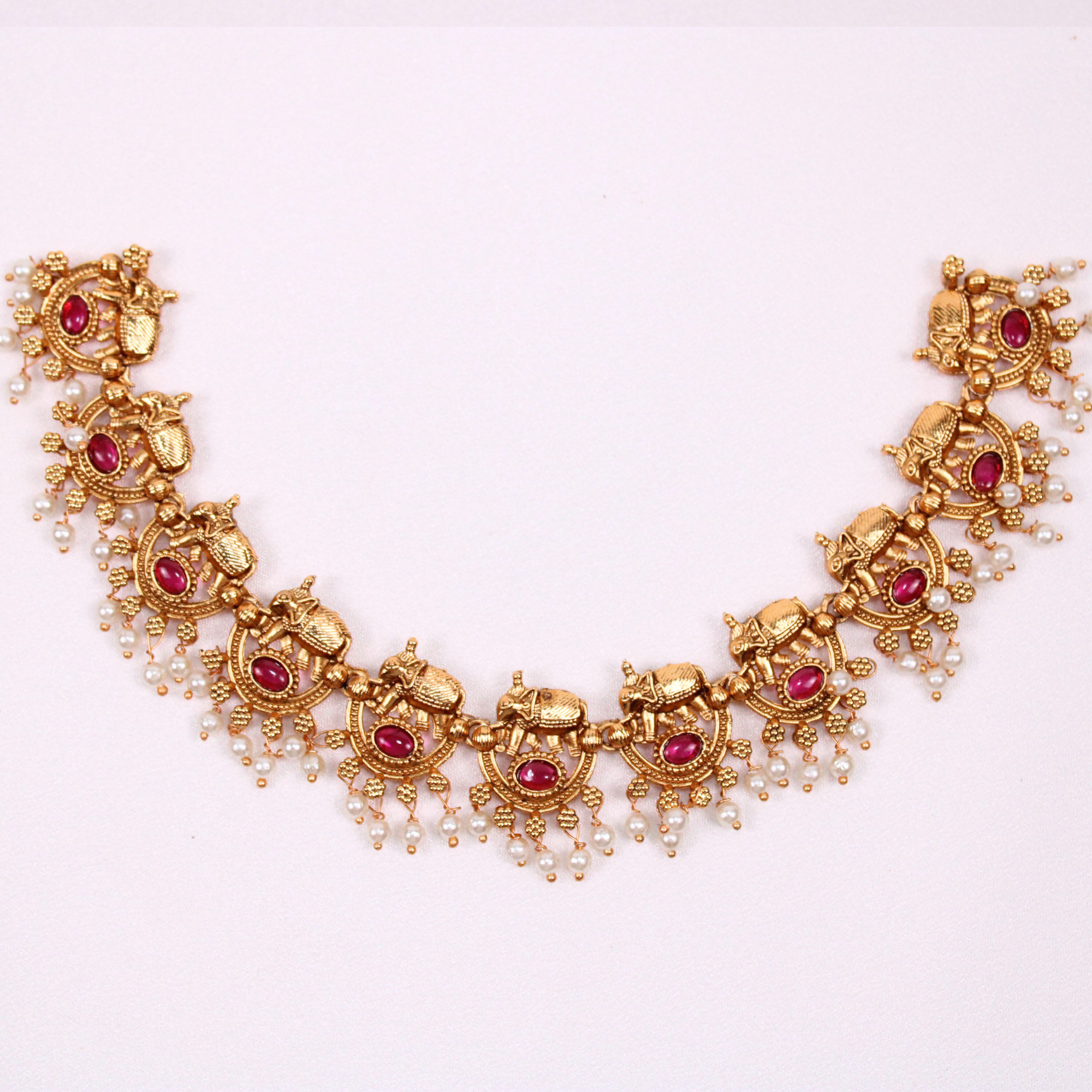 Elephant Motif Temple Necklace Set with Earrings