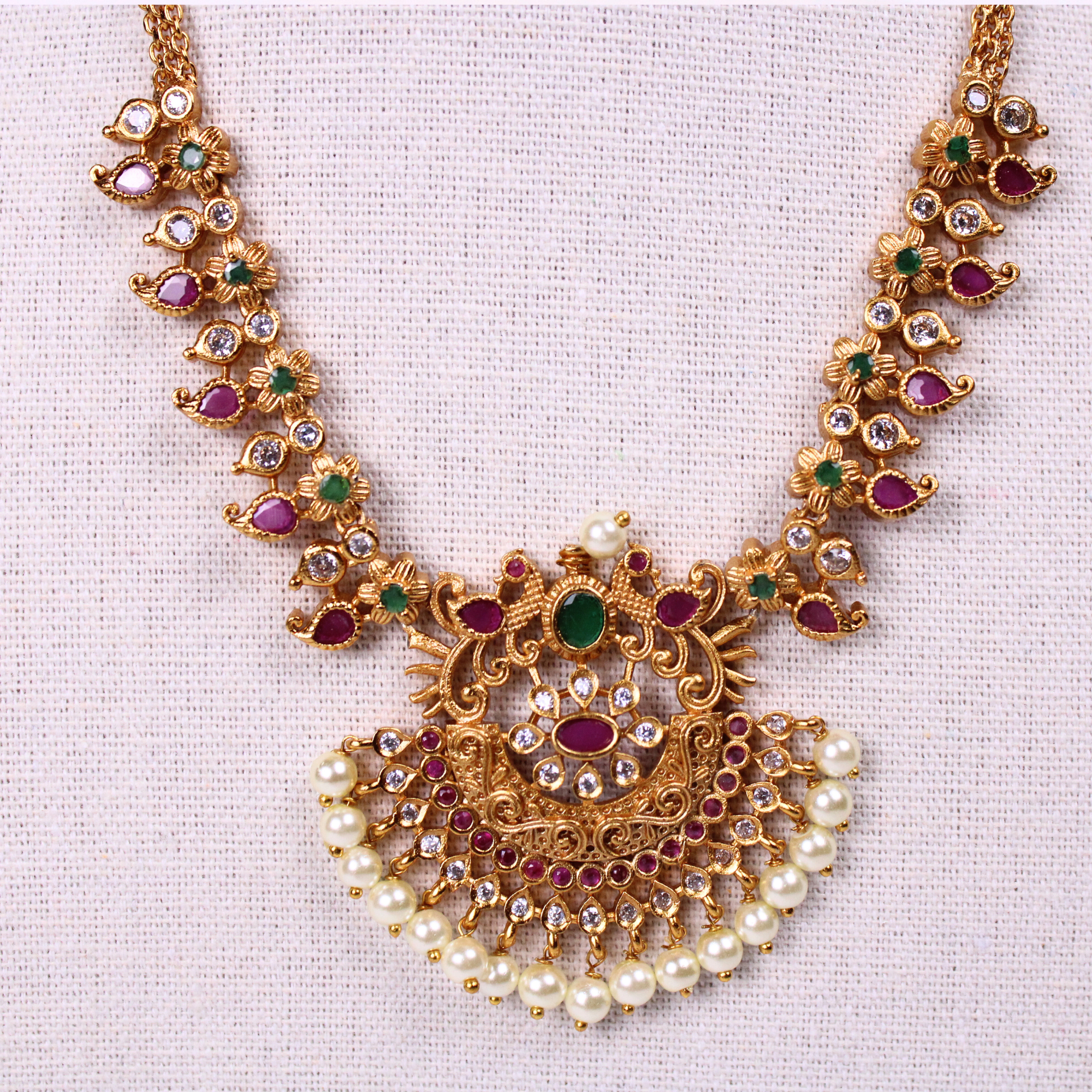 Floral Crescent Ruby-Green Necklace Set with Pearl Drop Earrings