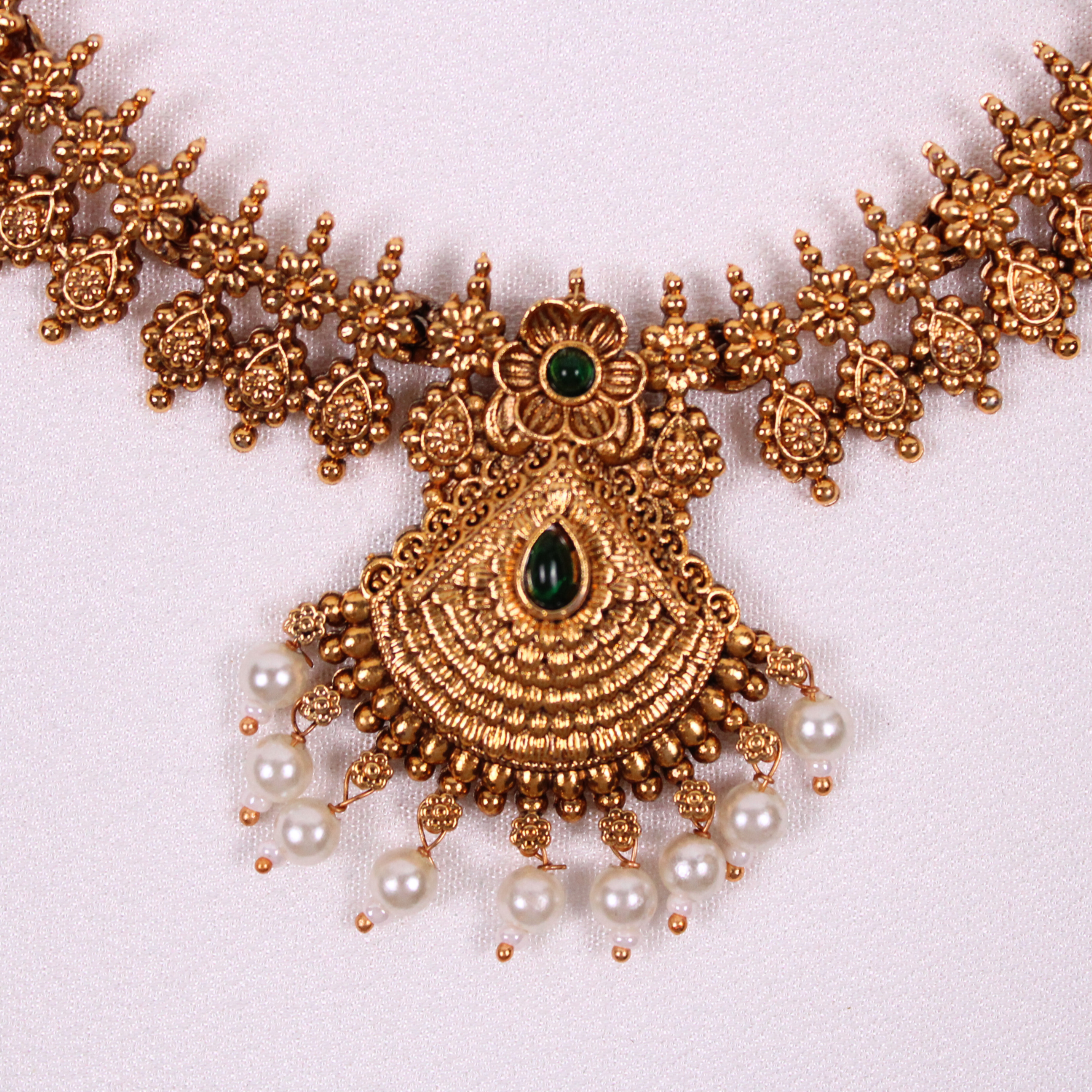 Antique Green Drop Pearl Necklace Set with Earrings