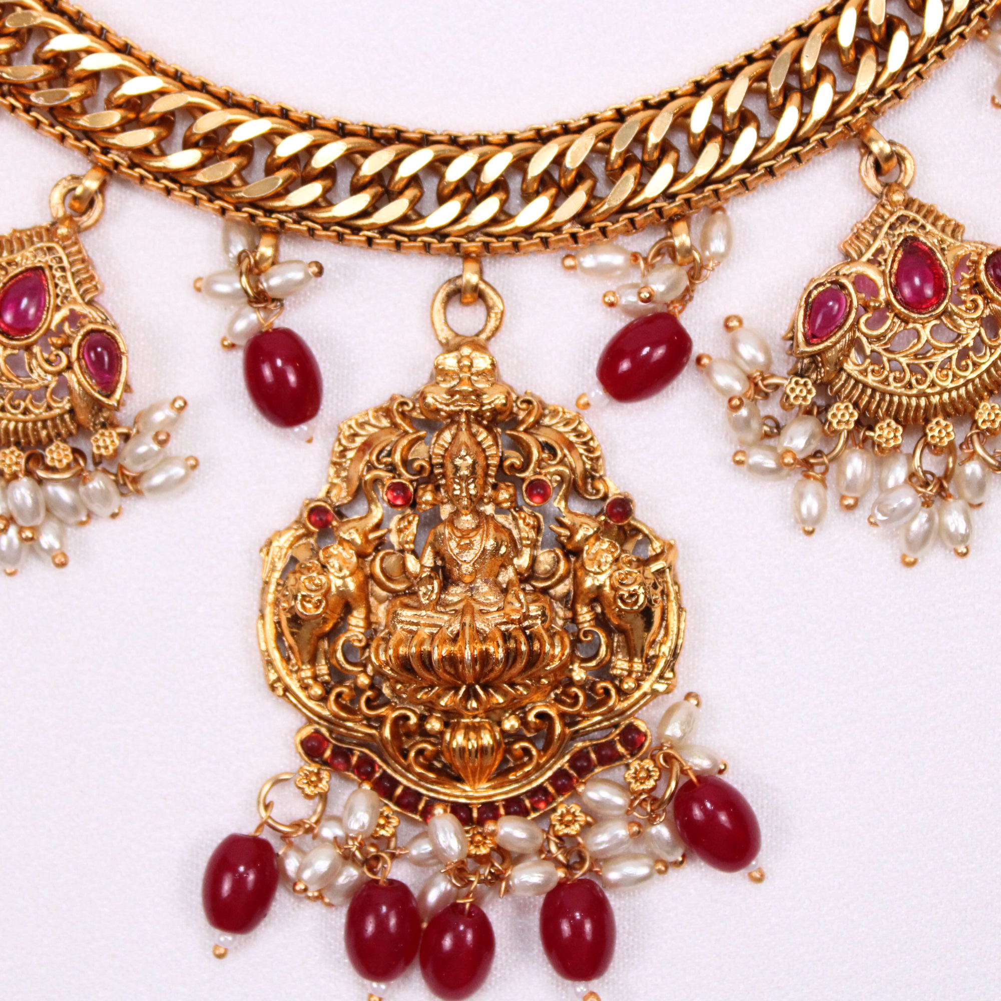 Lakshmi Temple Necklace Set with Ruby-Color Accents and Earrings
