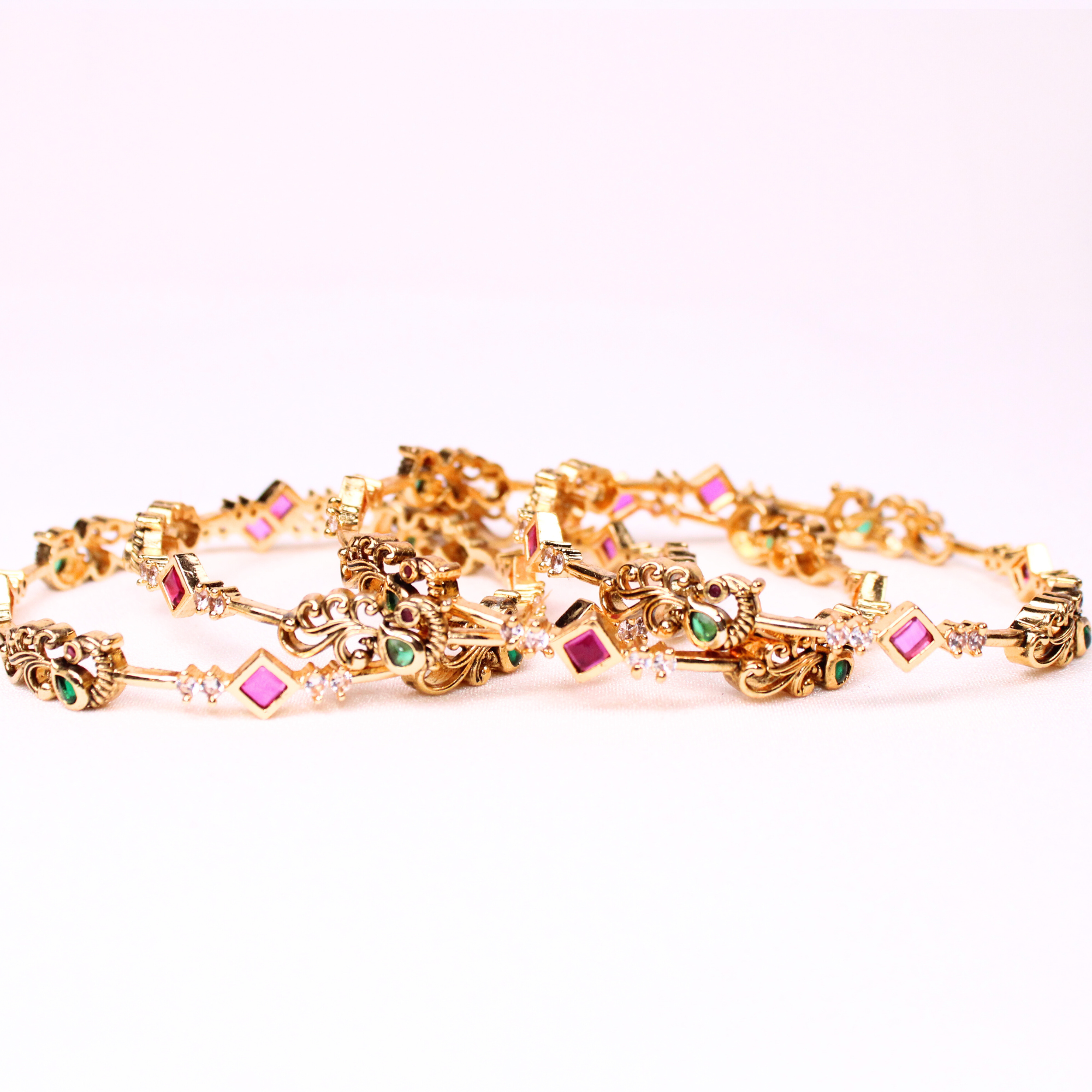 Floral Temple Bangles with Ruby-Color and Green Accents