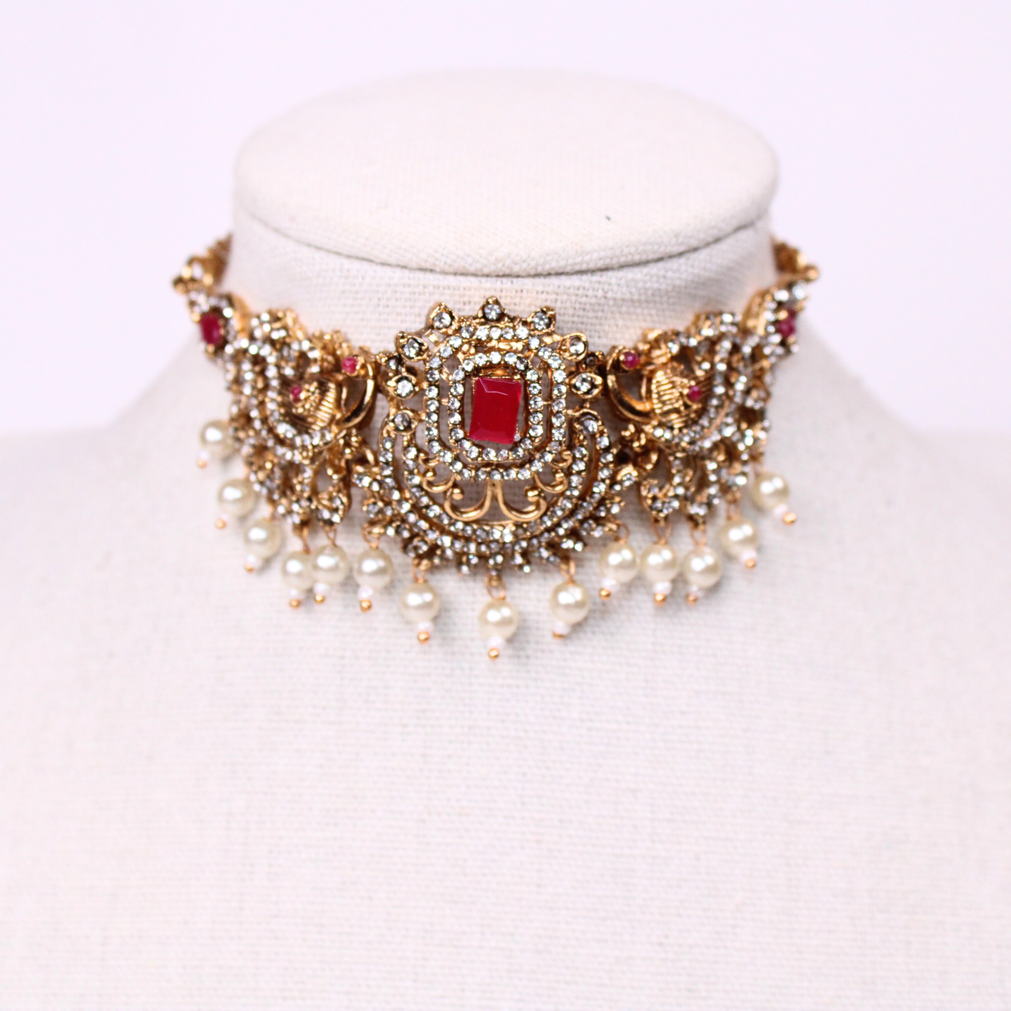 Ruby Lotus Temple Choker Set with Pearl Drop Earrings