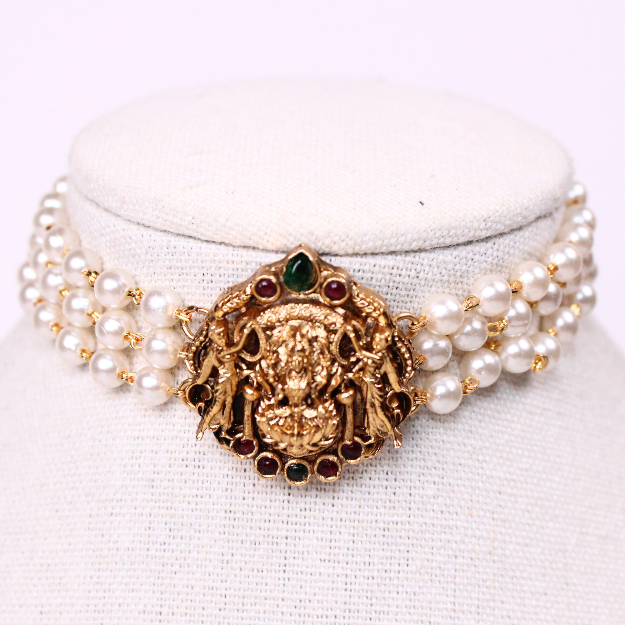 Lakshmi Heritage Triple-Row Pearl Choker Set with Earrings