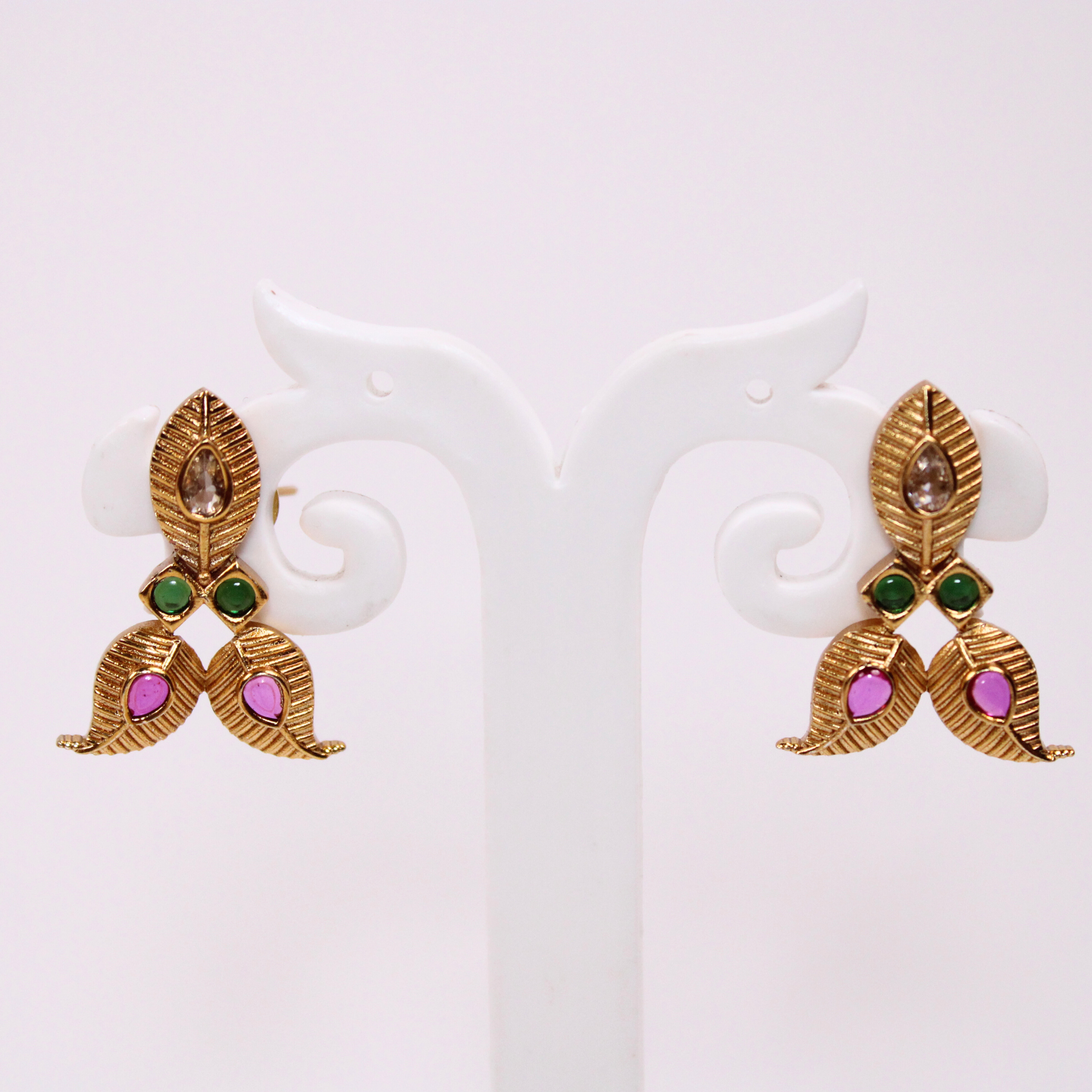 Leaf Motif Temple Necklace Set with Earrings