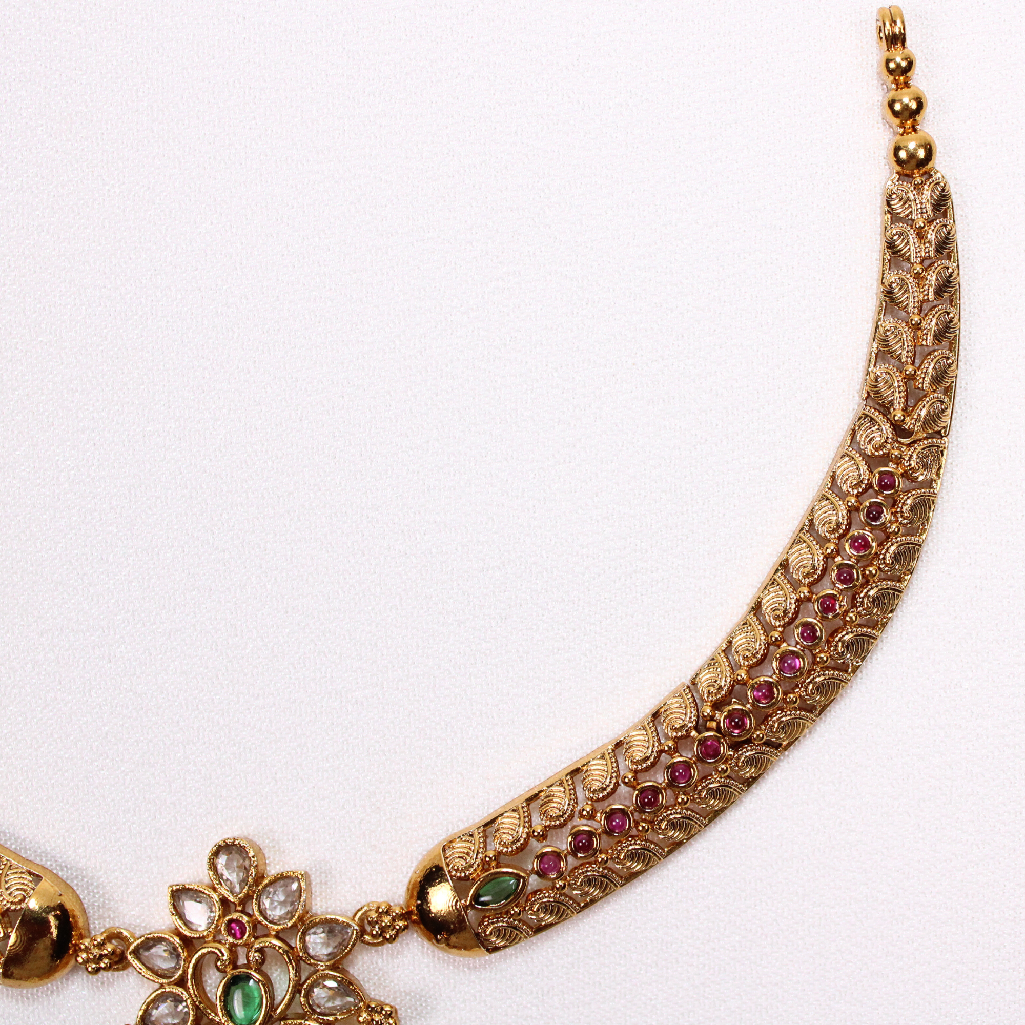 Ruby-Color & Pearl Temple Necklace Set with Earrings