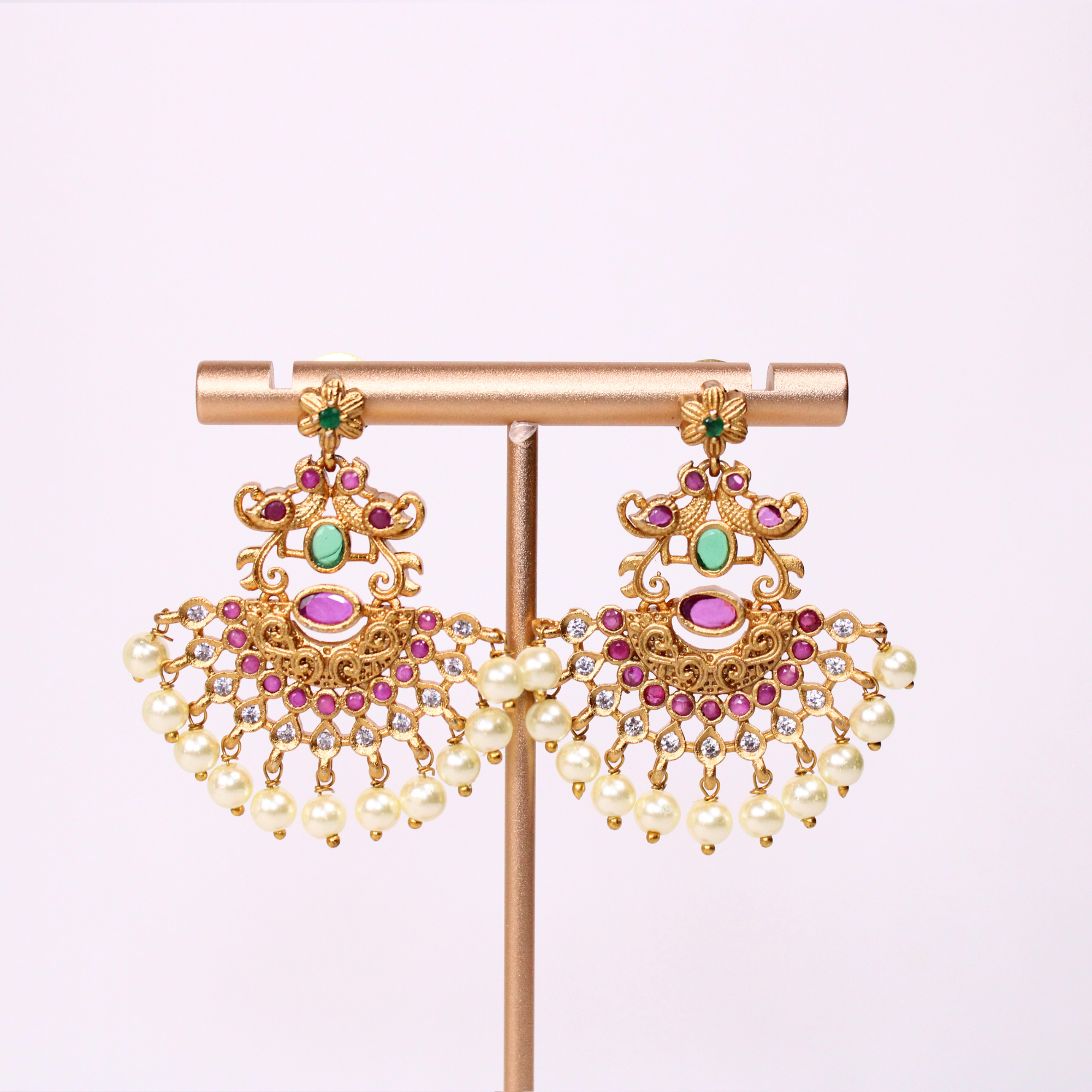 Floral Crescent Ruby-Green Necklace Set with Pearl Drop Earrings