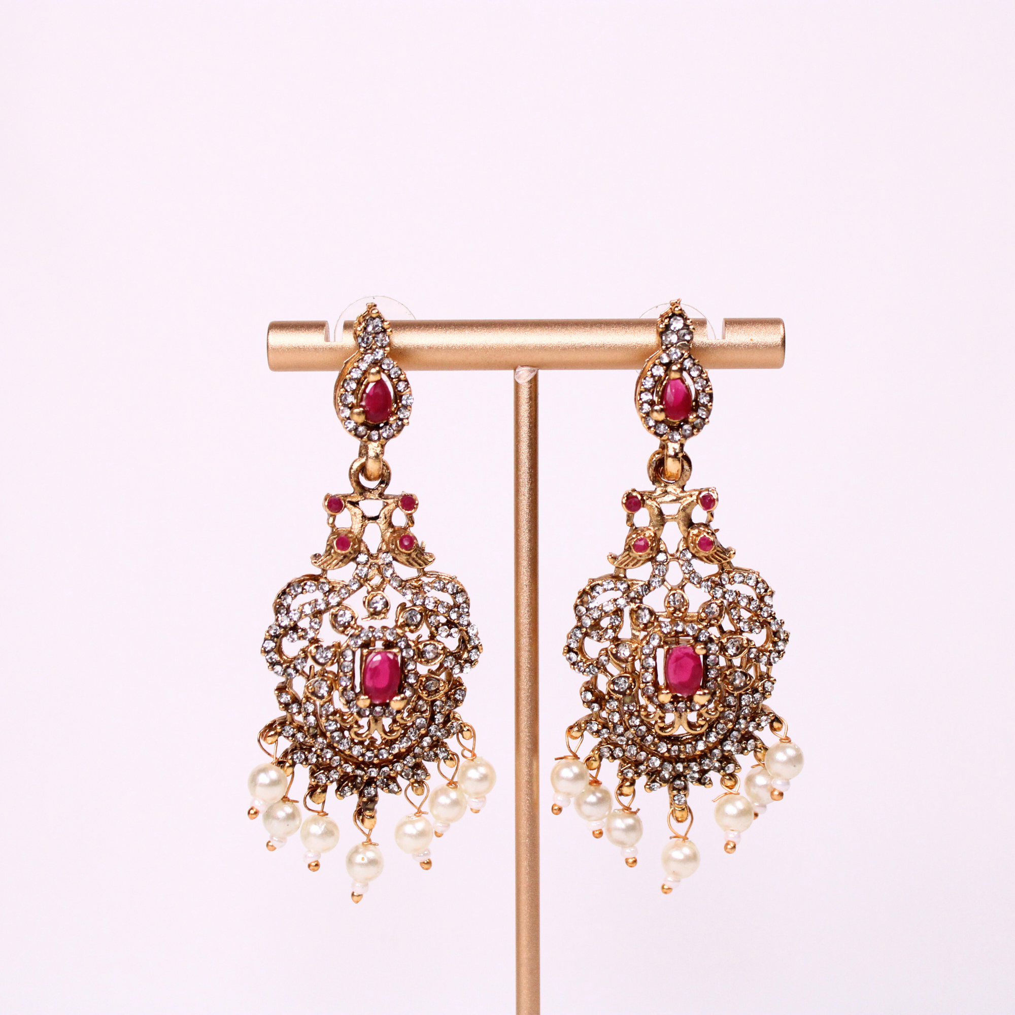 Ruby Lotus Temple Choker Set with Pearl Drop Earrings
