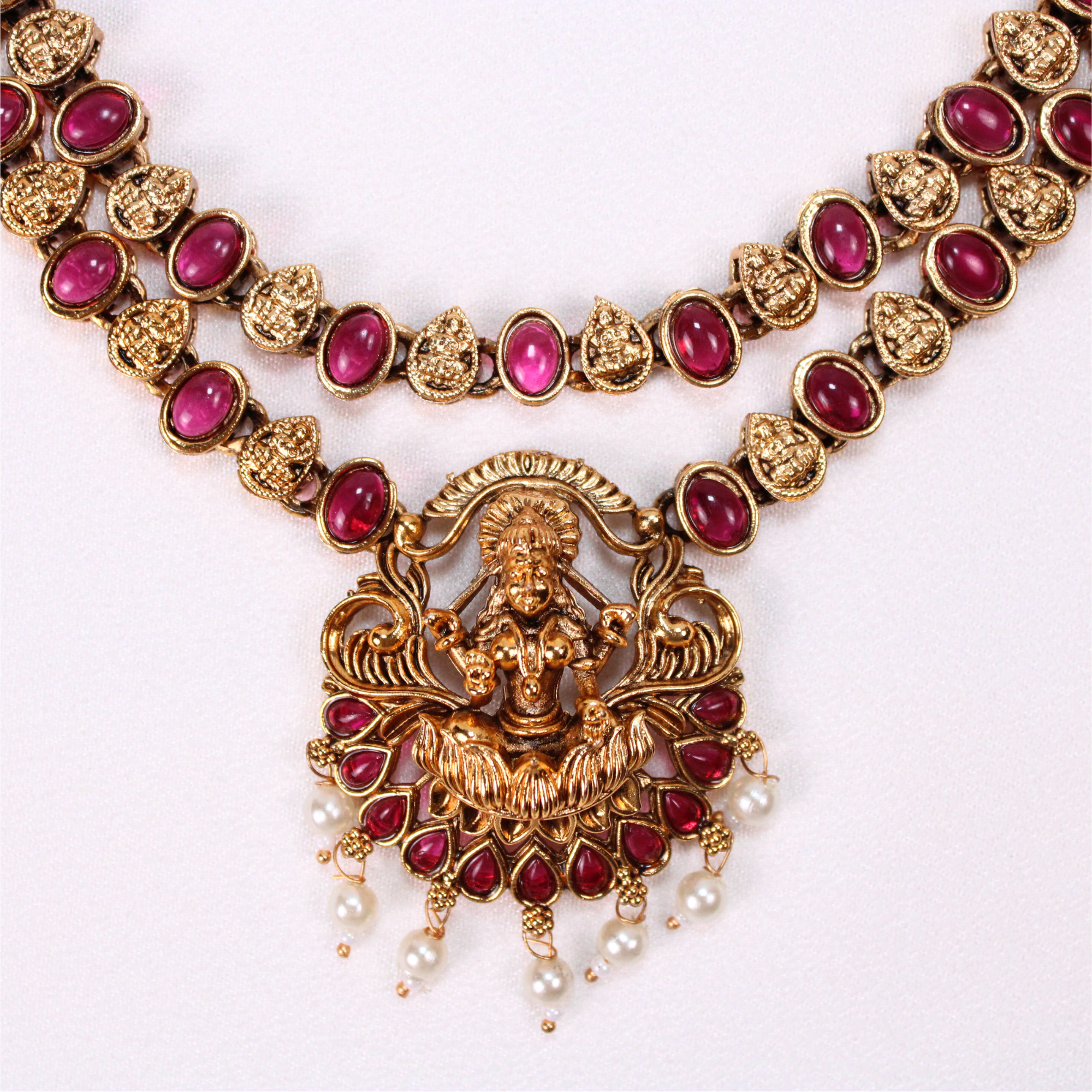 Lakshmi Red Stone Temple Necklace Set with Earrings