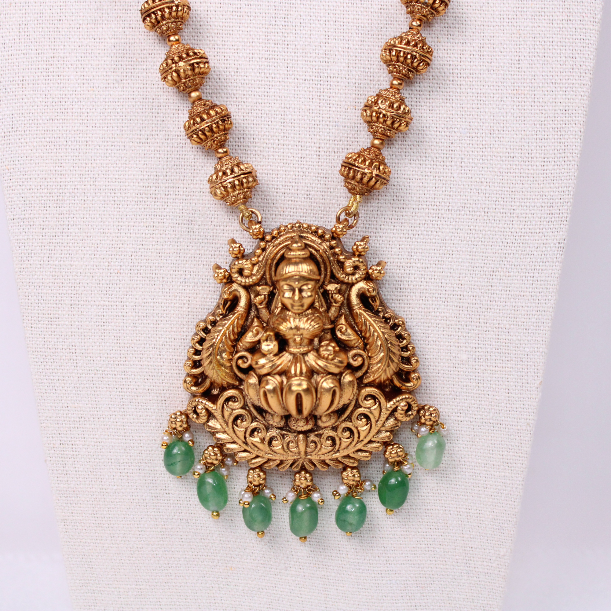 Lakshmi Antique Long Aram Set with Green Bead Drop Earrings