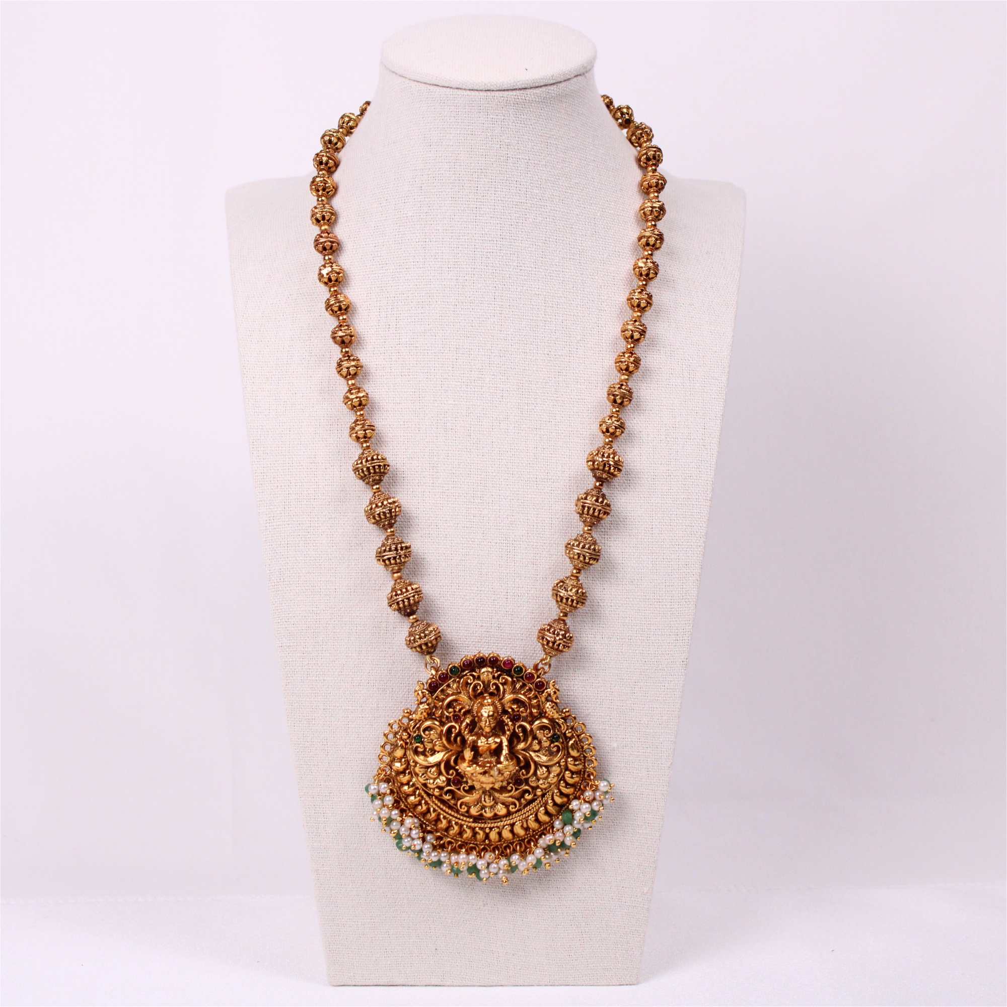 Lakshmi Temple Coin Aram Set with Green & Pearl Detailing and Earrings