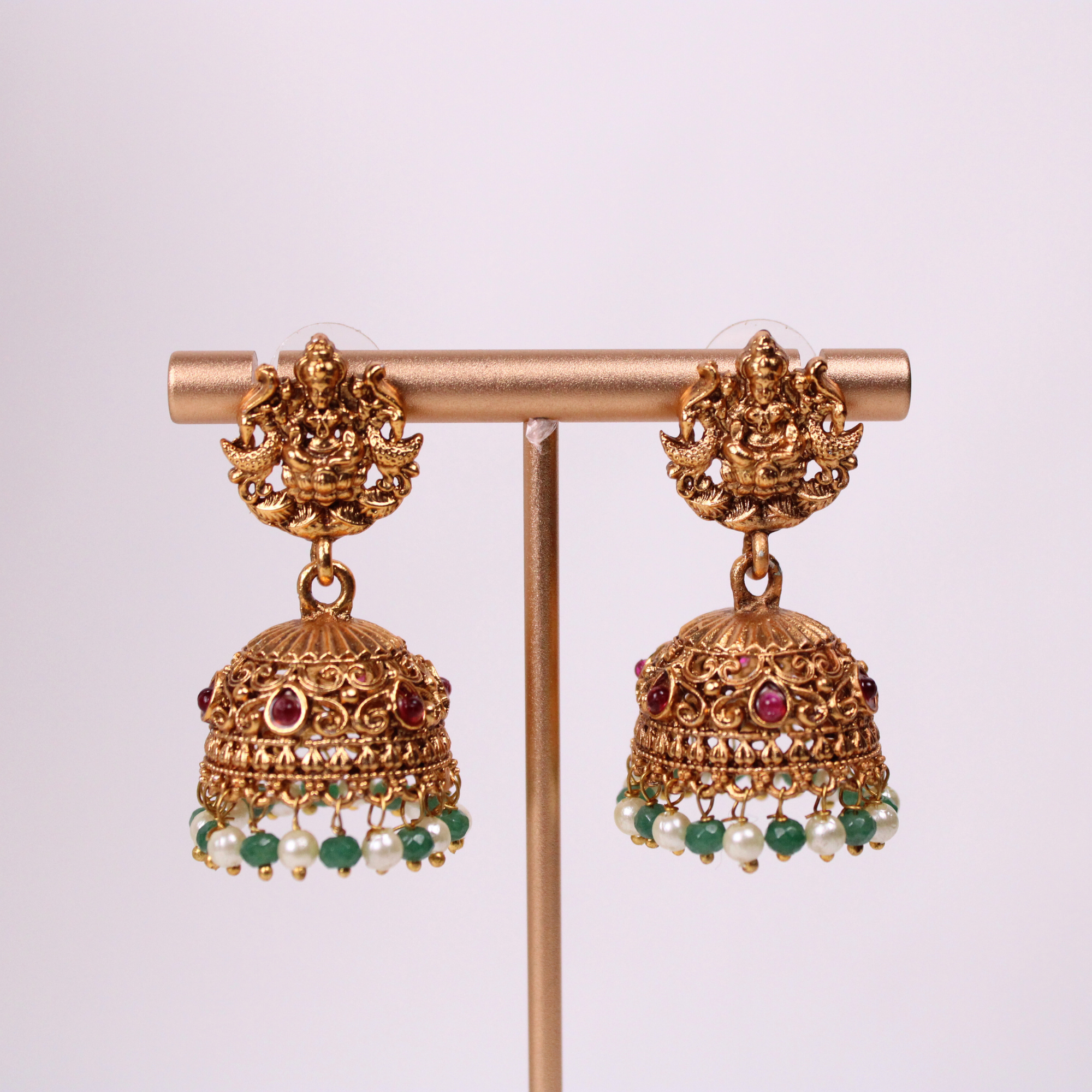 Lakshmi Temple Coin Aram Set with Green & Pearl Detailing and Earrings