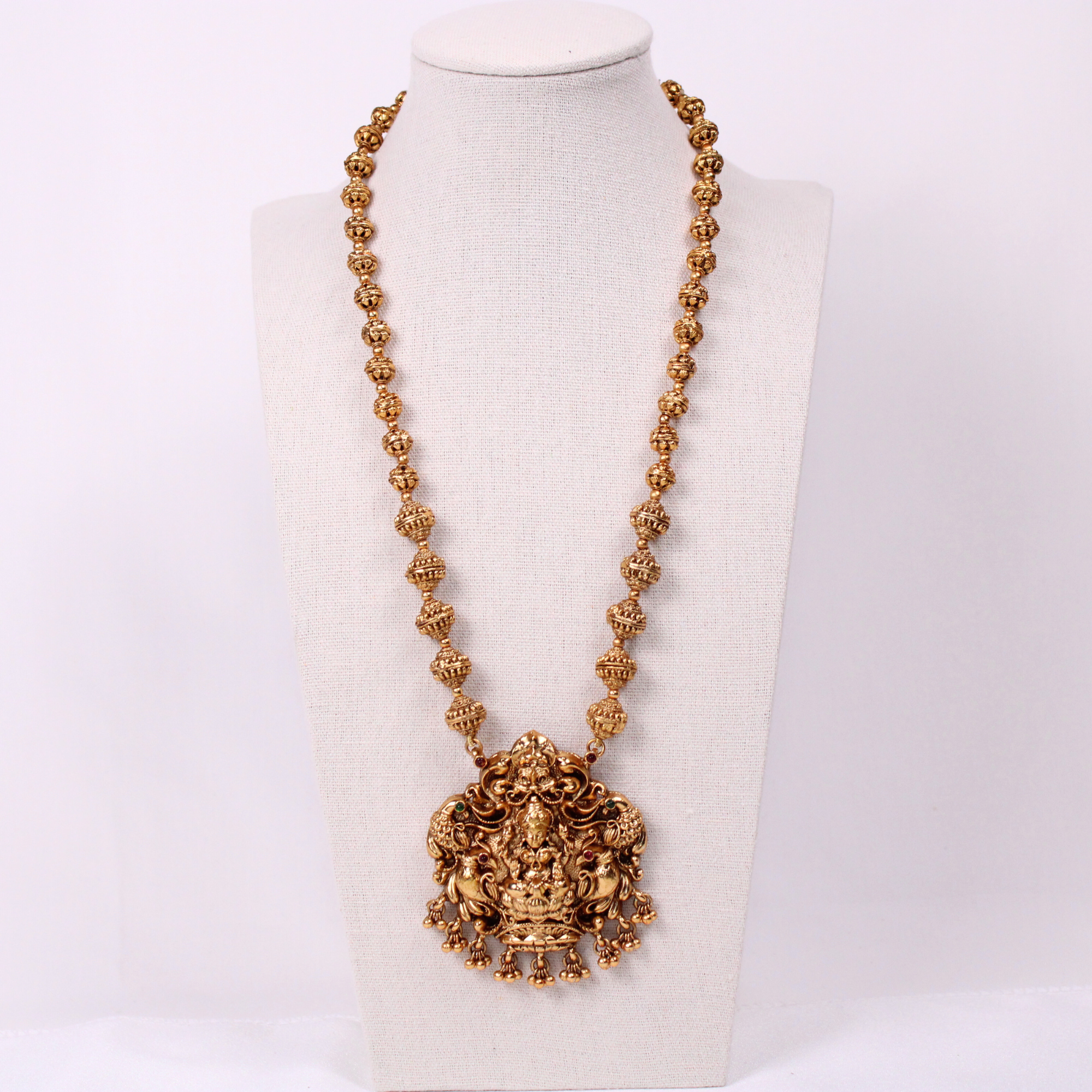 Lakshmi Peacock Pendant Aram with Antique Gold Beads & Earrings