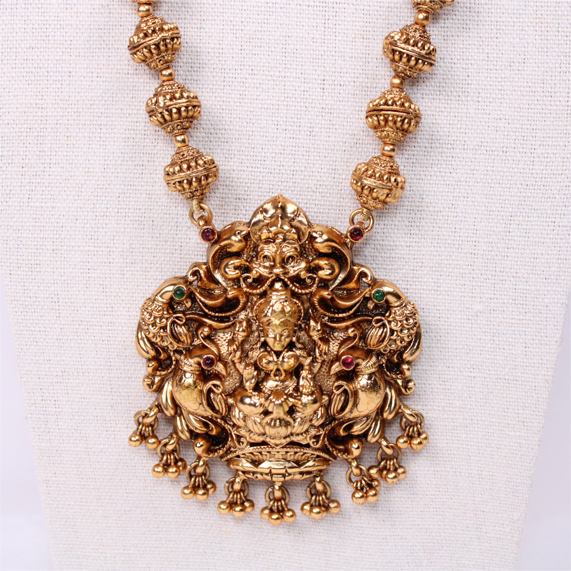 Lakshmi Peacock Pendant Aram with Antique Gold Beads & Earrings